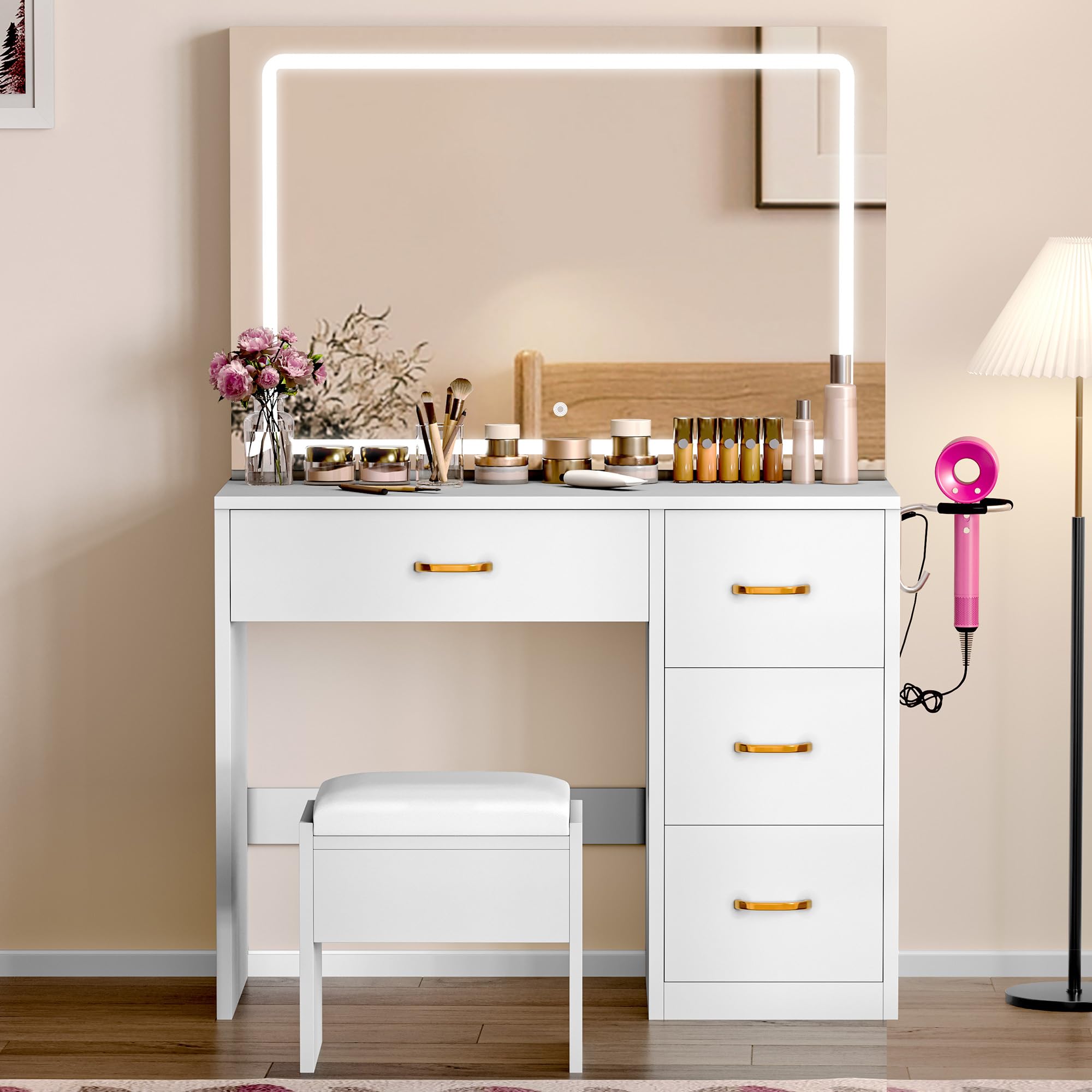 DWVO Vanity Table and Stool Set with LED Mirror | 90cm Wide | Integrated Charging Hub 1