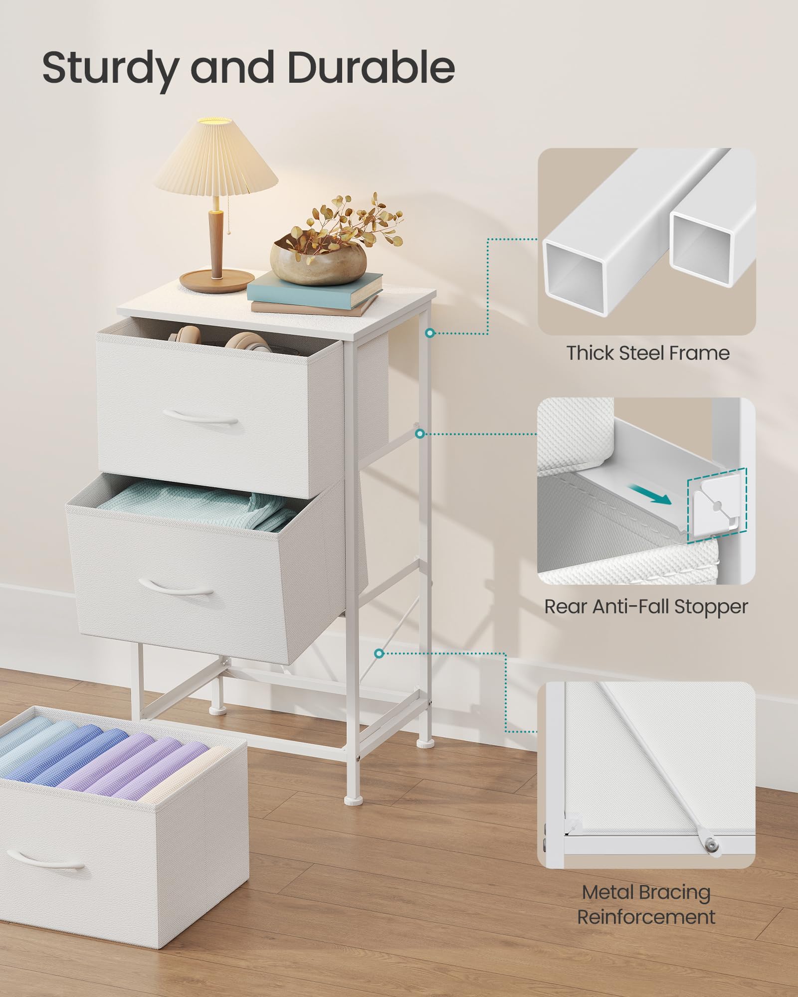 SONGMICS Chest of Drawers - 3 Fabric Drawers Storage Unit | Steel Frame | Cloud White + Snow White 6