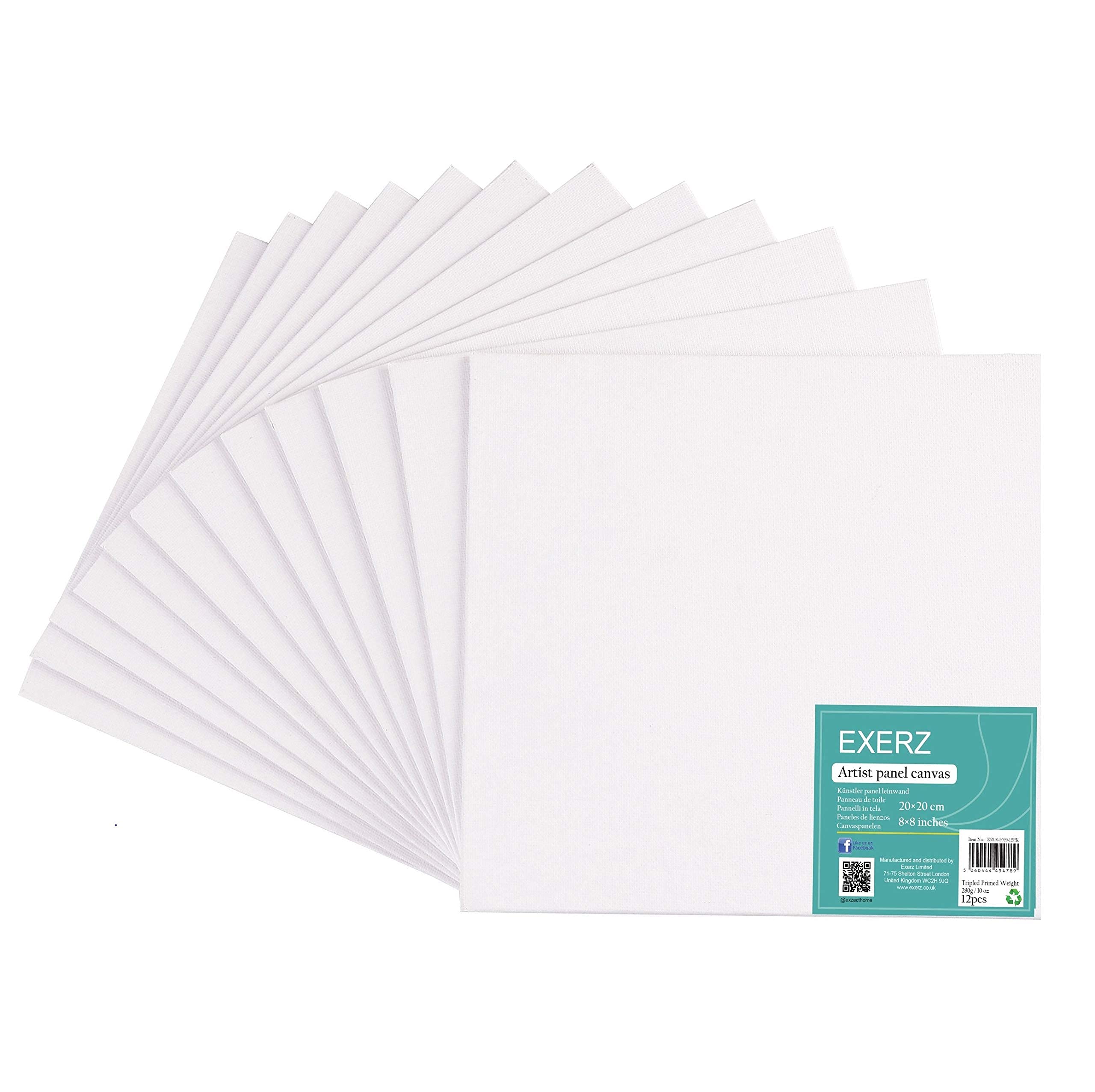 EXERZ Canvas Panels - 12 Pack, 20x20cm Square, 100% Cotton, Triple Primed Gesso 4