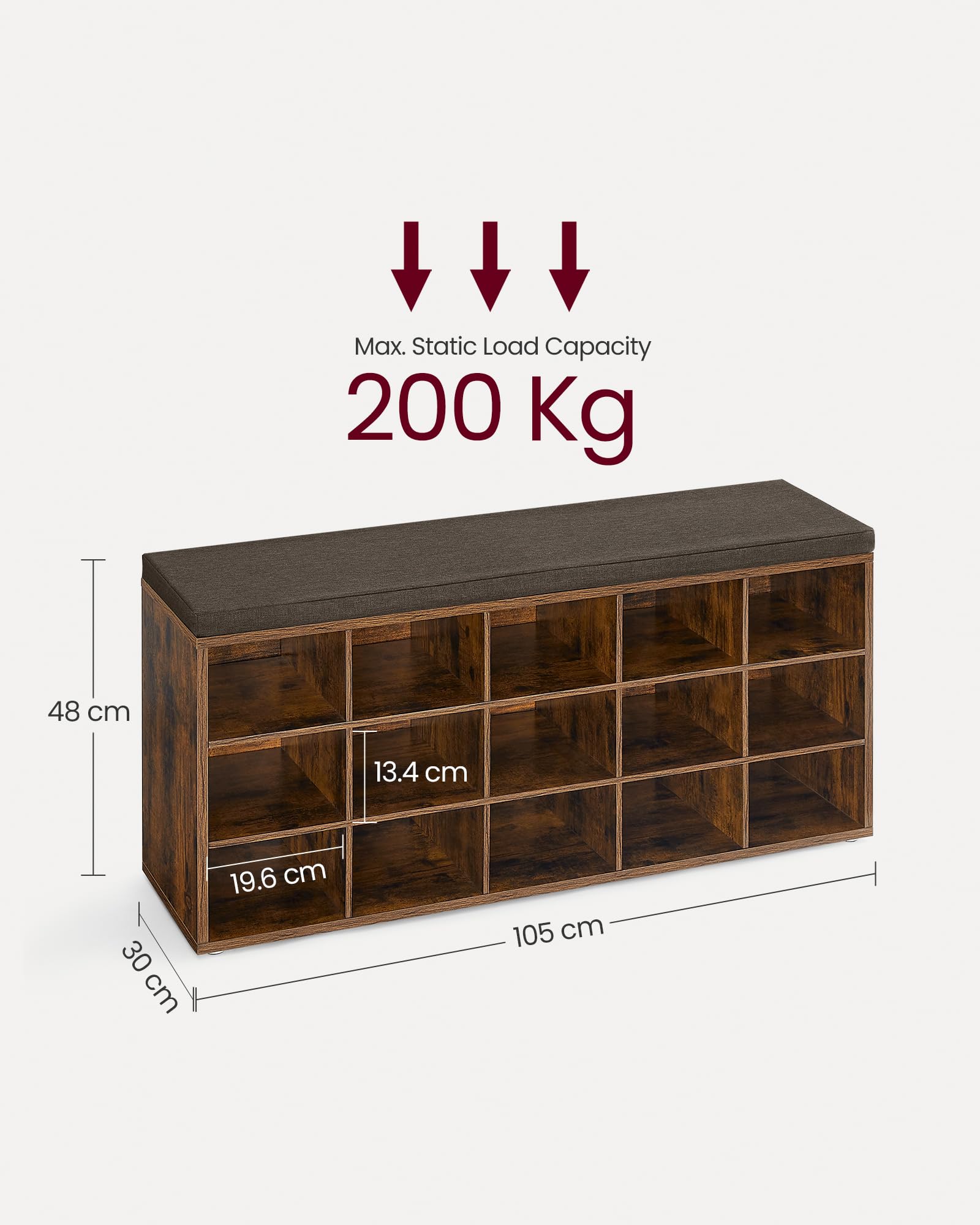 VASAGLE Shoe Storage Bench with Padded Seat | 15 Compartments | 30 x 105 x 48 cm | Rustic Brown/Chestnut Brown 3