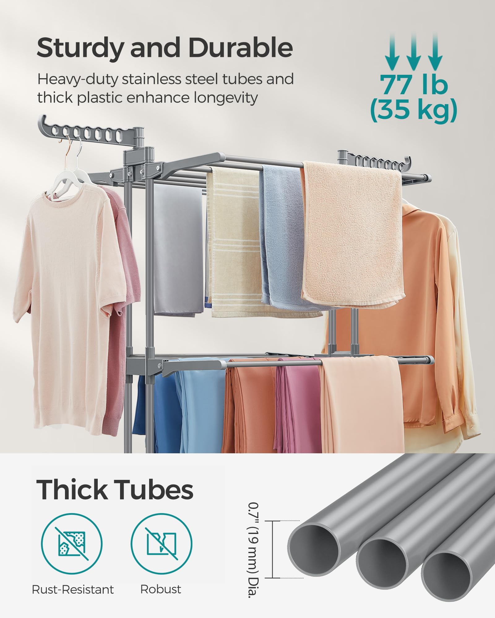 SONGMICS Large Clothes Drying Rack - 4-Tier Foldable Airer | 35 kg Capacity | Stainless Steel 4