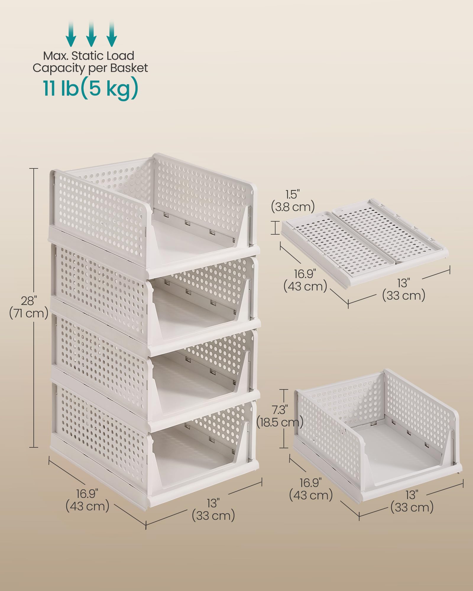 SONGMICS Set of 4 Stackable Foldable Closet Organiser Baskets | White PP Plastic | 43x33x71cm Total 2