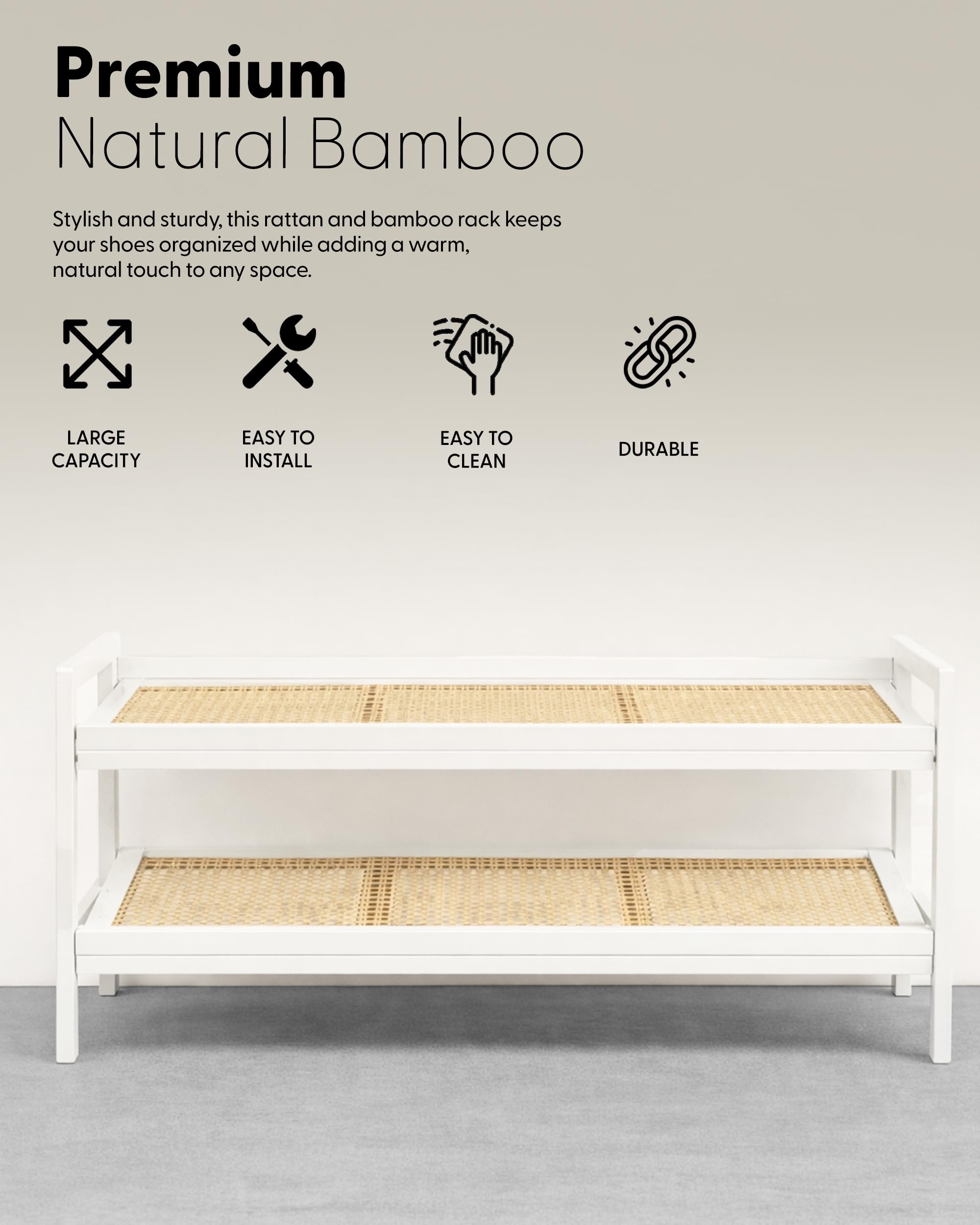 KEPLIN 2 Tier Bamboo and Rattan Shoe Rack - Compact Entryway Storage | 70cm Width | Natural/White 6