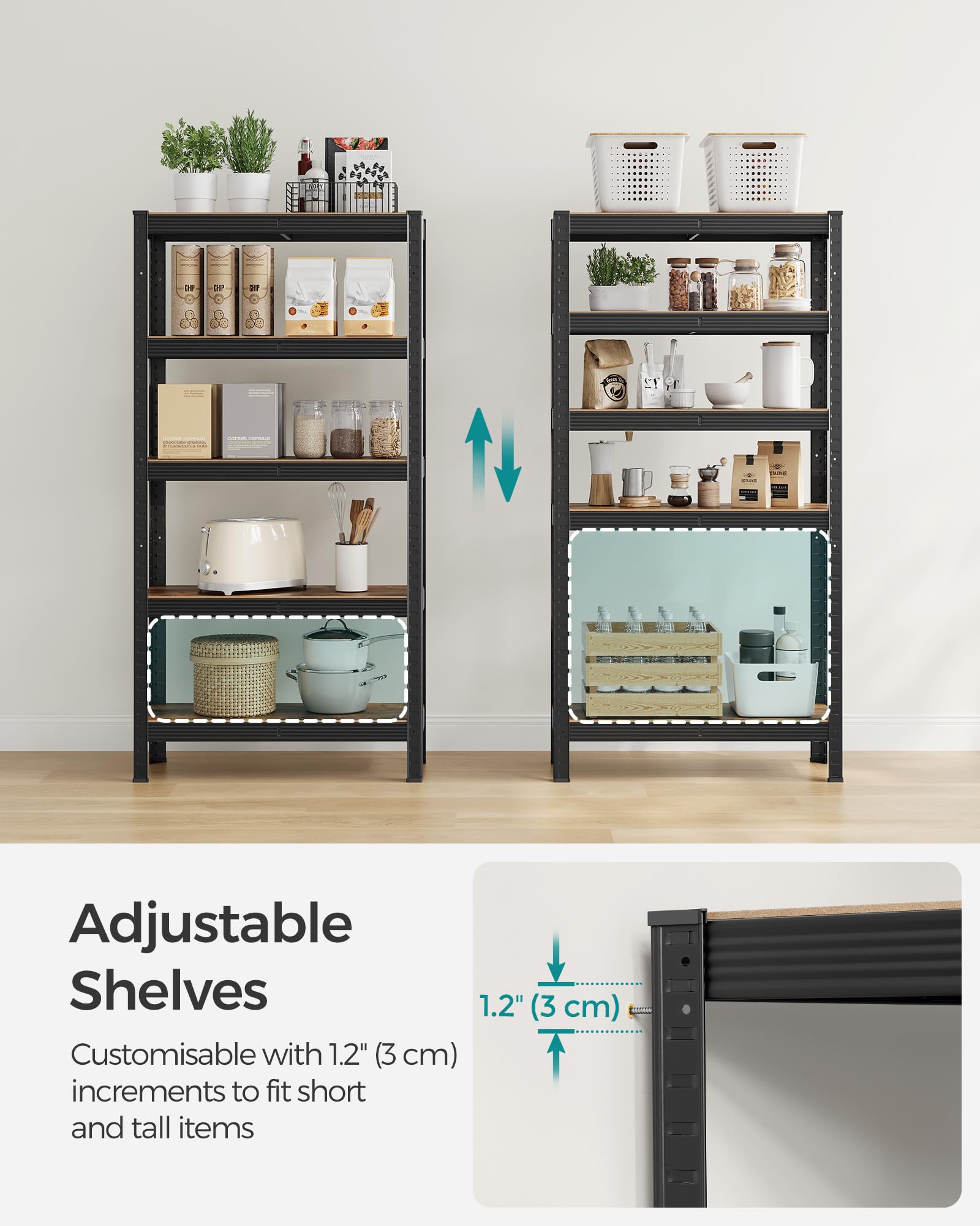 SONGMICS Shelving Unit - 650 kg Total Capacity | 30x75x150 cm | Rustic Brown & Black 7