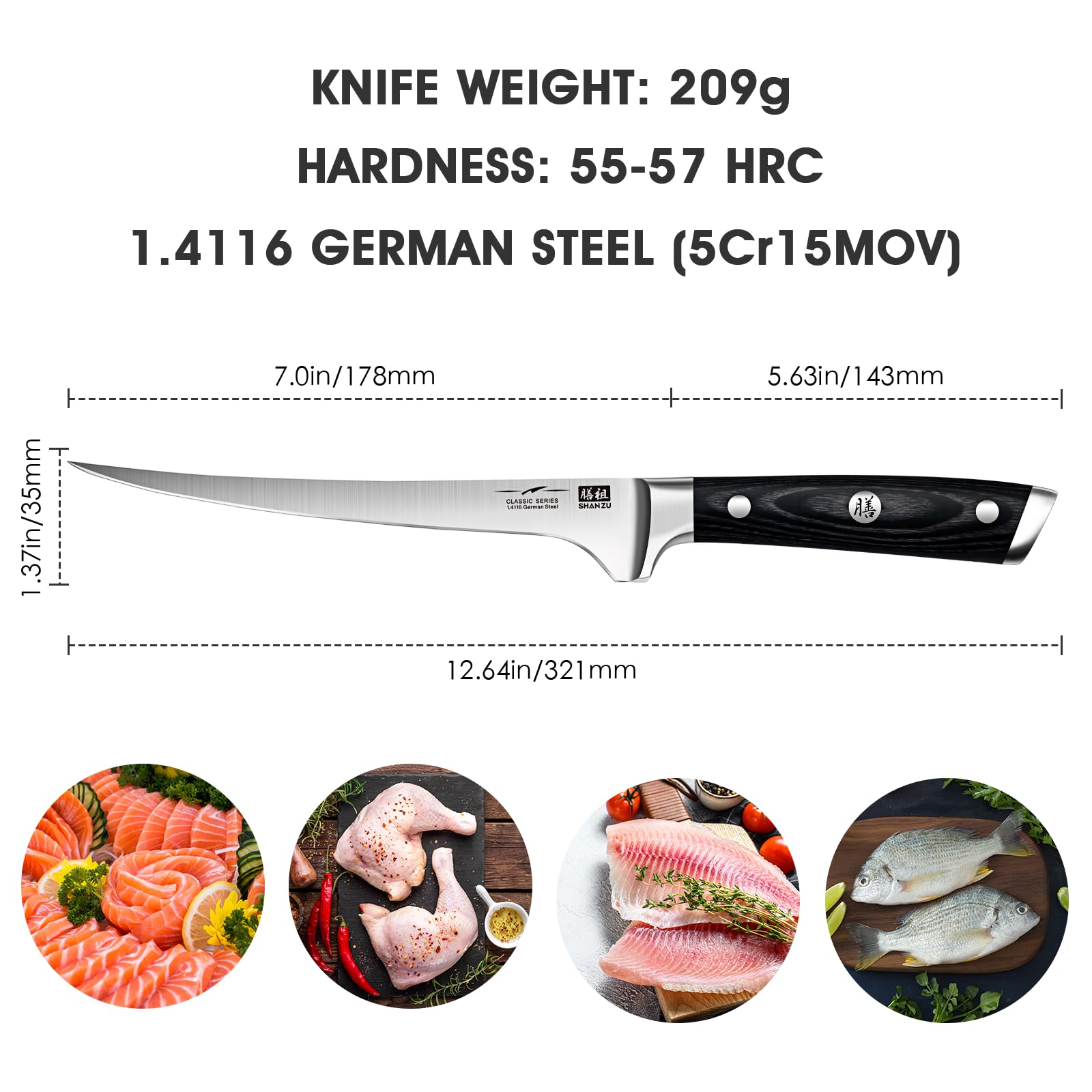 SHAN ZU 7 Inch Filleting Knife - Flexible Boning Knife with German Stainless Steel Blade | Lightweight 8
