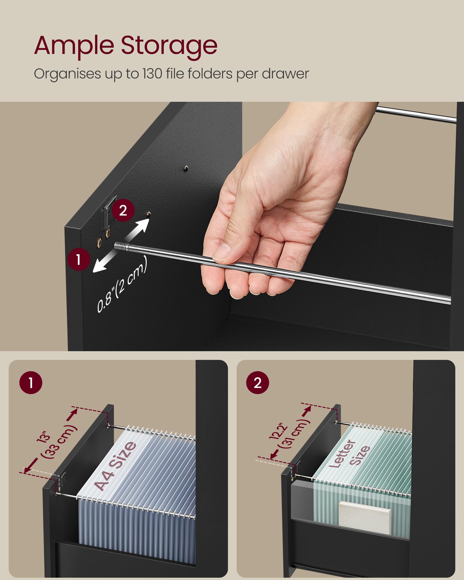 VASAGLE Vertical File Cabinet - 4 Lockable Drawers | A4 & Letter Size | Ink Black | OFC082B02 5