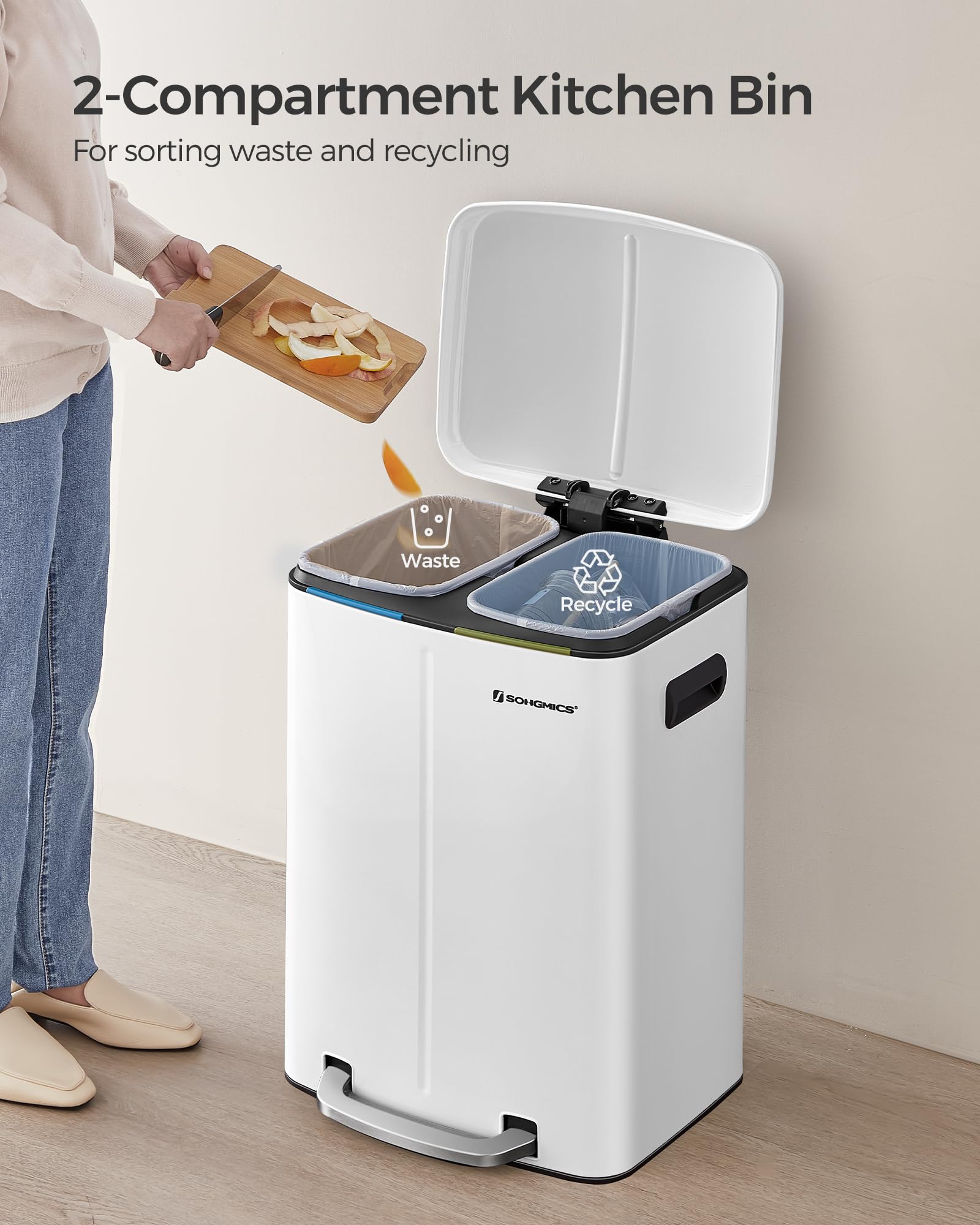SONGMICS Double Rubbish Bin - 2 x 20L Dual Compartment Kitchen Waste Separation System | White Powder Coated Steel 3