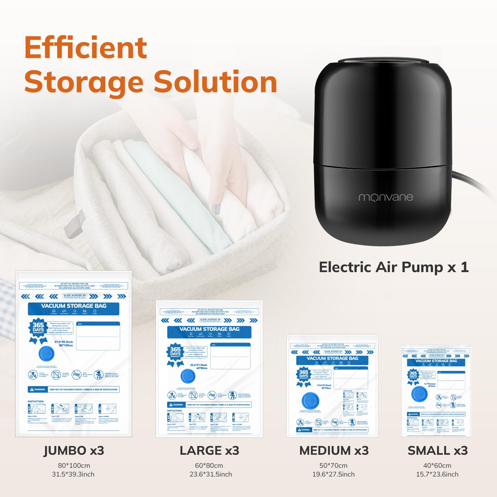 MONVANE Vacuum Compression Storage Bags - 12 Pack Reusable Space Saver with Wired Electric Pump 2