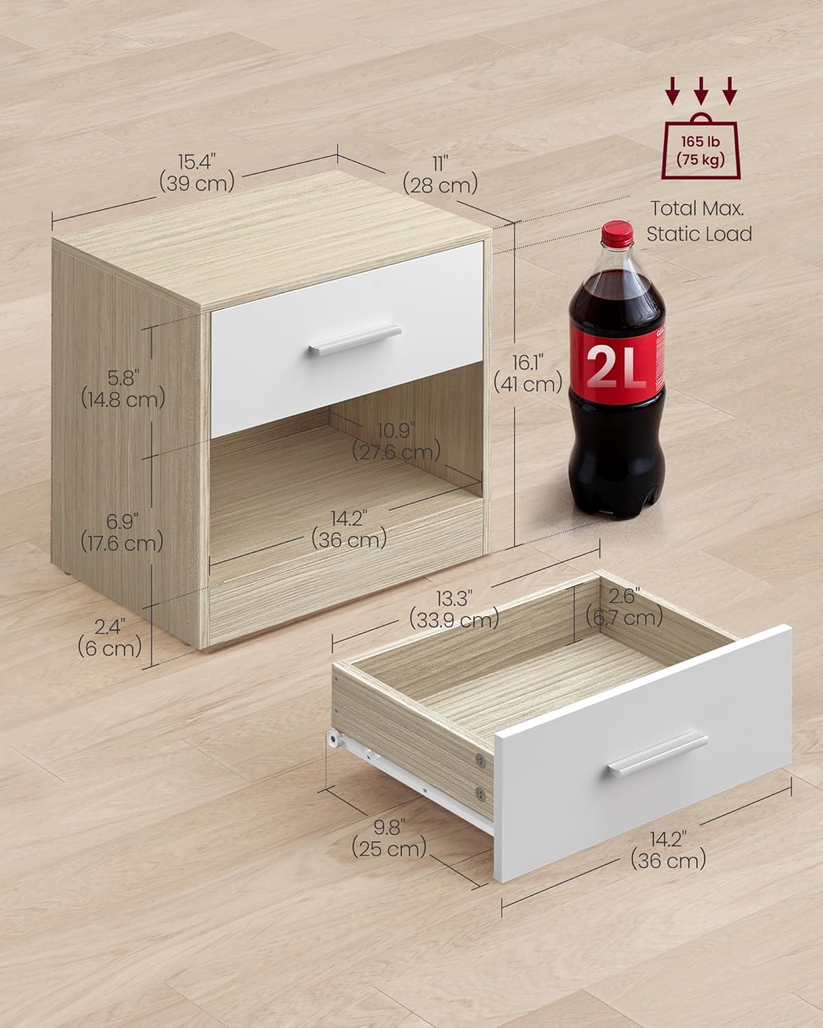 VASAGLE Bedside Table - Modern Look | Drawer & Open Compartment | 39x28x41 cm 3
