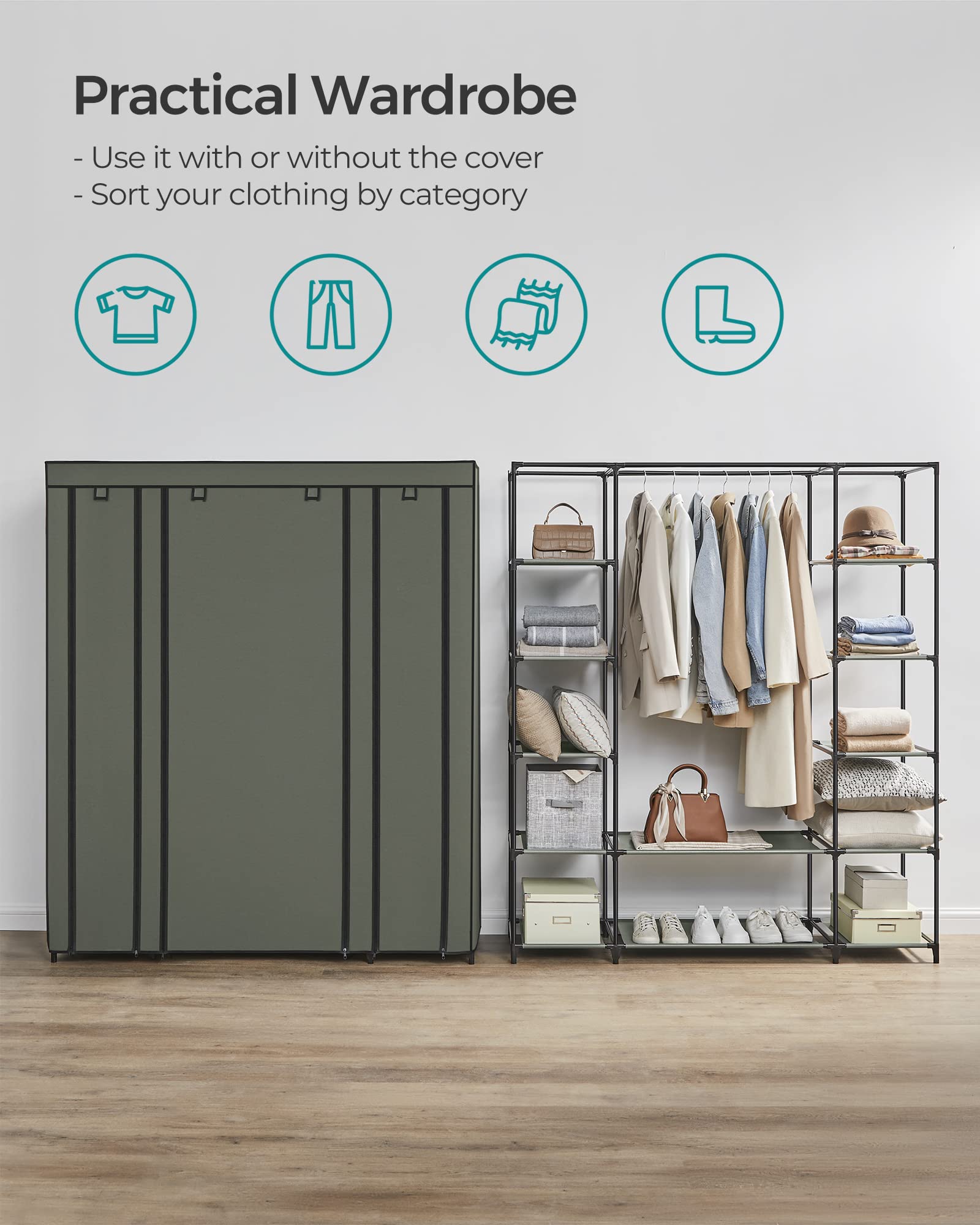 SONGMICS Portable Fabric Wardrobe - 45 x 150 x 175 cm | 15 kg Rail Capacity | Sage Green 3