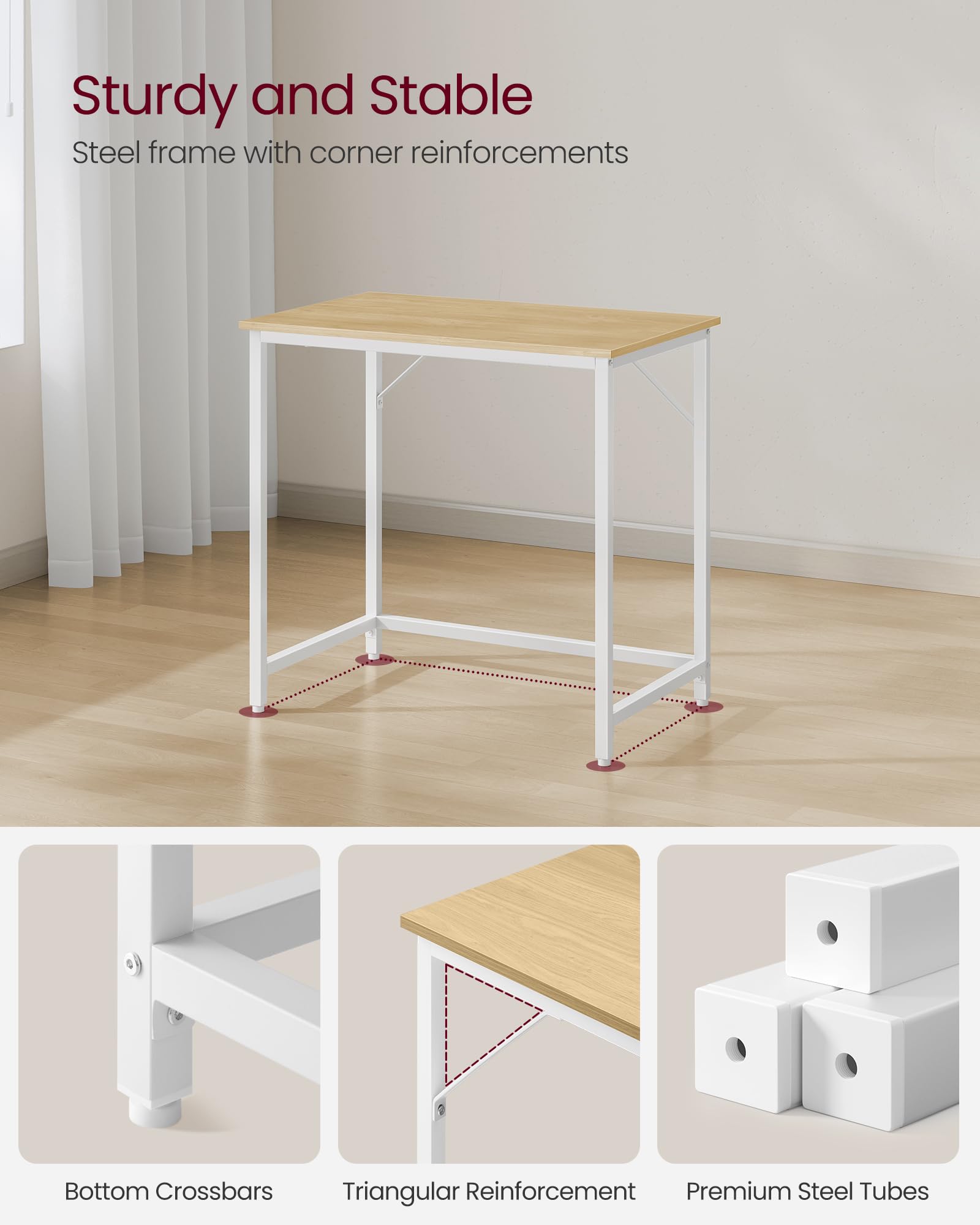 VASAGLE Computer Desk - 80 x 50 cm Workspace | Natural Oak & Pearl White | Max 50kg Load 4