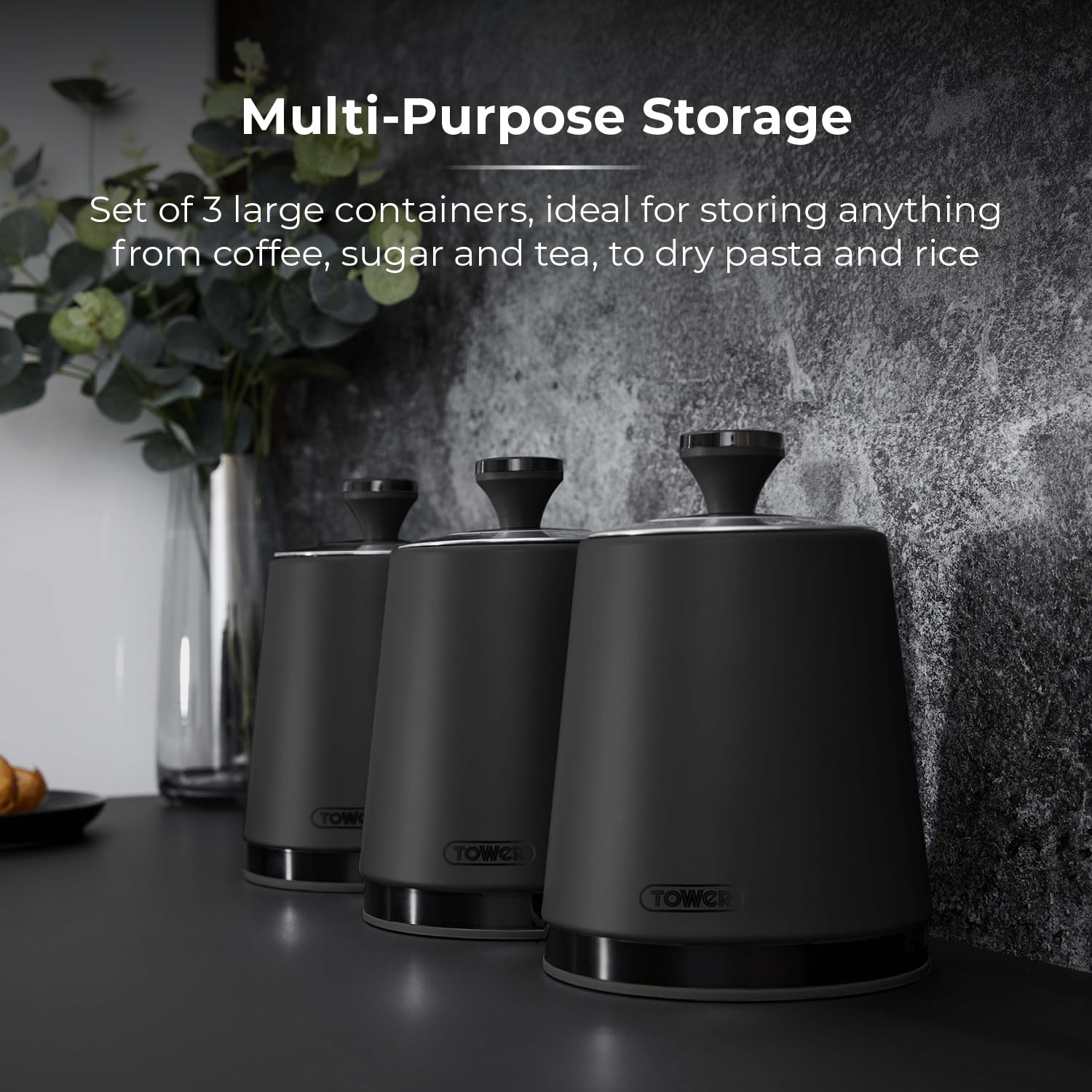 Tower Sera Set of 3 Canisters T826137BLK - Black Stainless Steel | 1.3L Capacity | Airtight 3