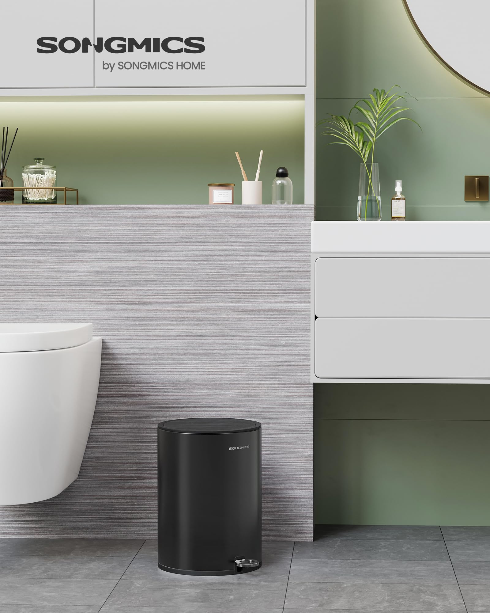 SONGMICS Bathroom Bin with Lid - 6 L Capacity | Soft-Close | Foot Pedal Operated | Ink Black Steel 2