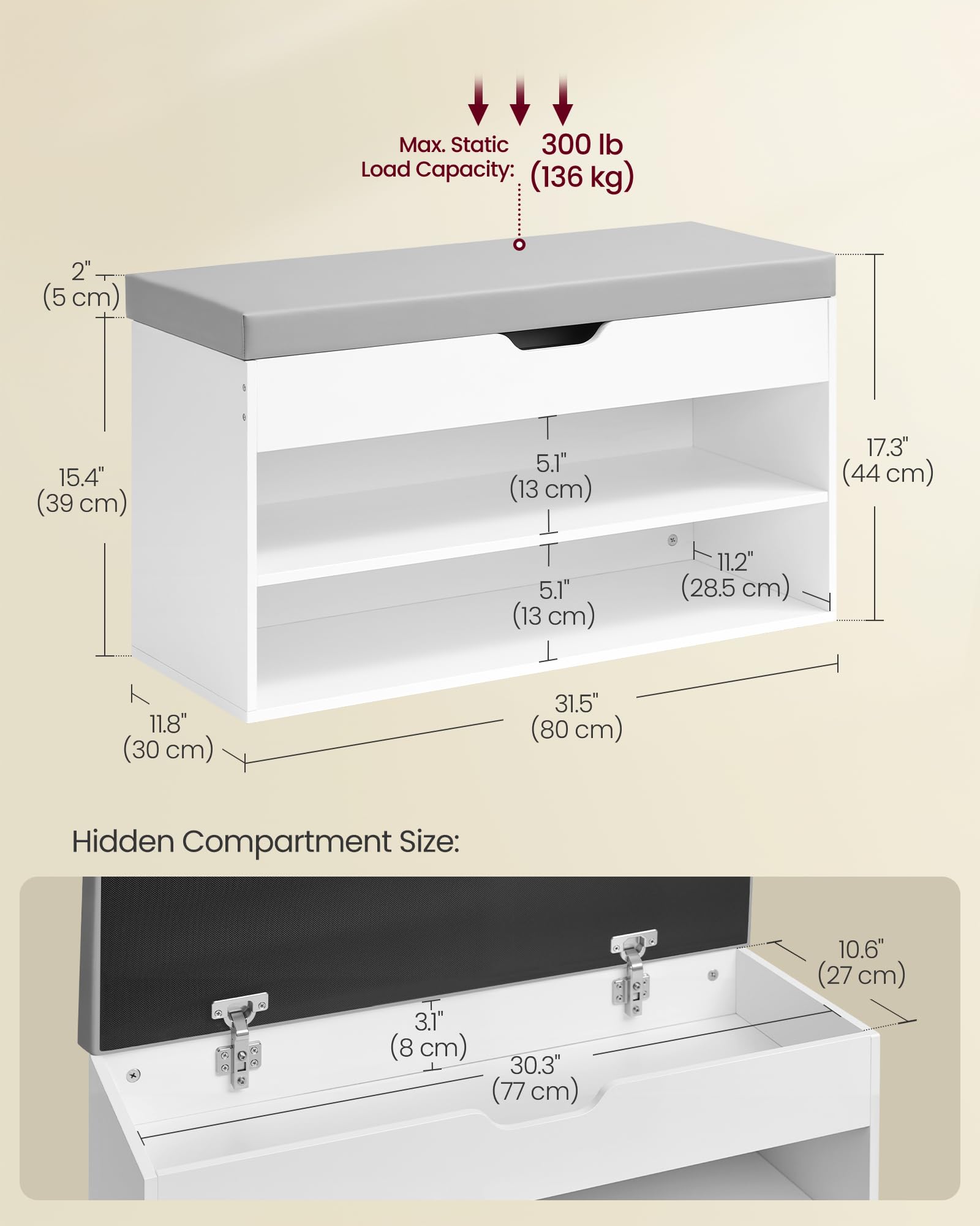 VASAGLE Shoe Storage Bench with Padded Cushion | 80 x 30 x 44 cm | Cloud White + Dove Grey 3