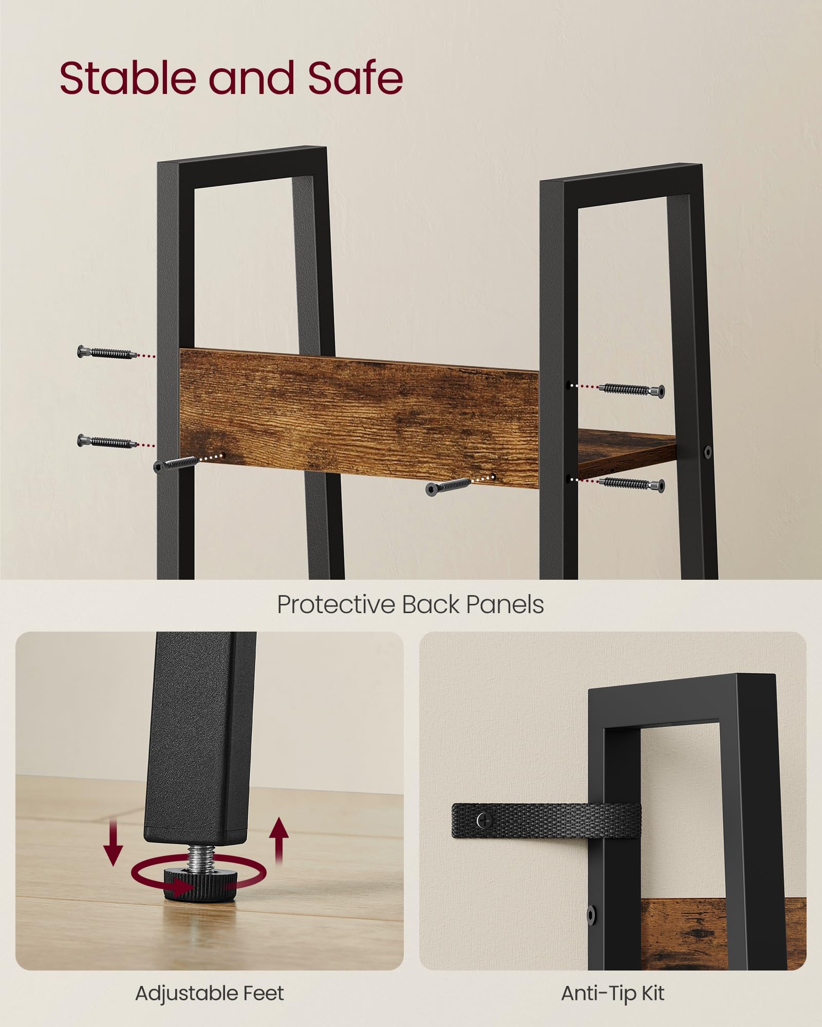 VASAGLE 4-Tier Ladder Shelf Bookcase - Industrial Rustic Brown & Black | Steel Frame | 10kg Max Load 4