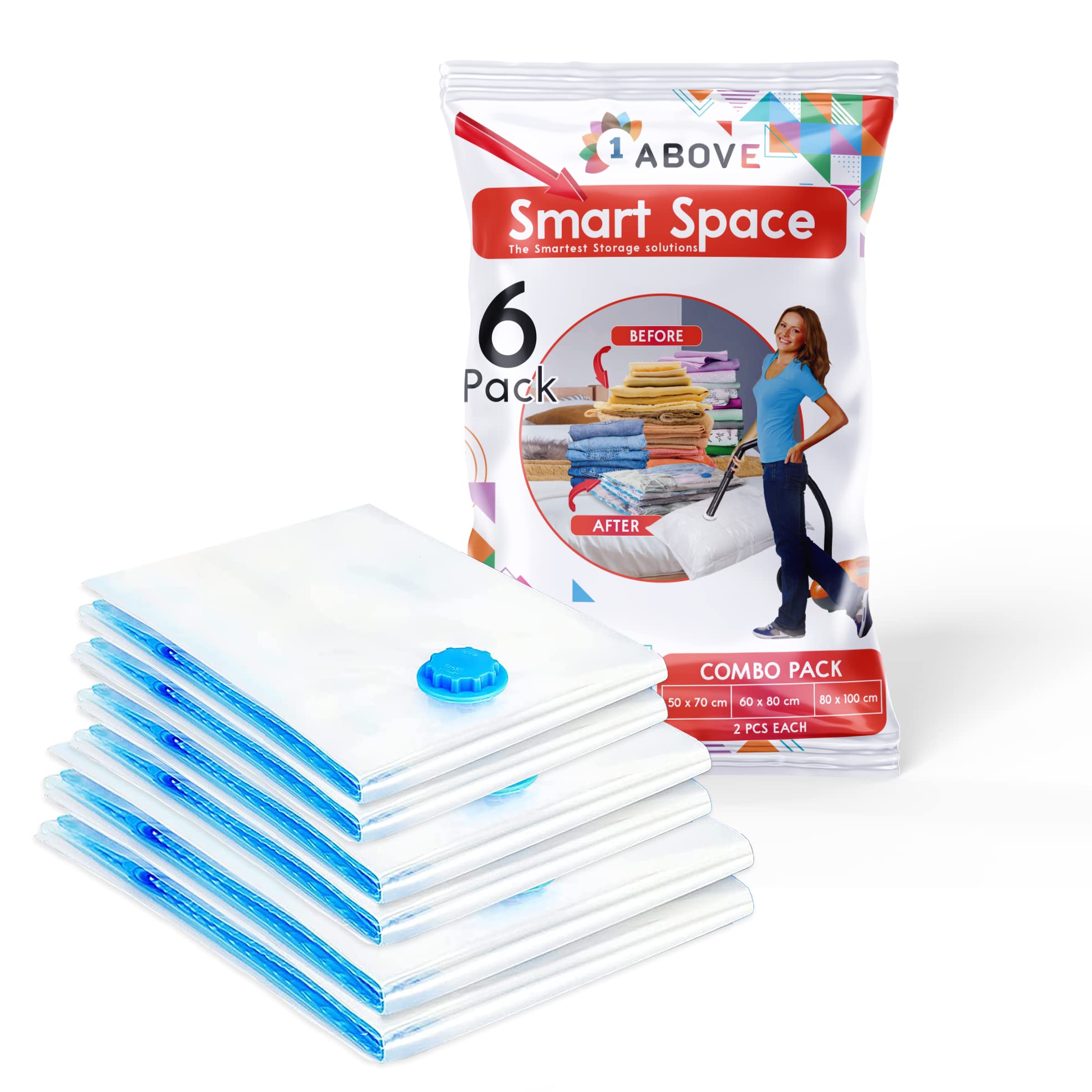 1ABOVE Pack of 6 Vacuum Storage Bags - Space Saving up to 70% | Mould, Moisture & Bug Proof