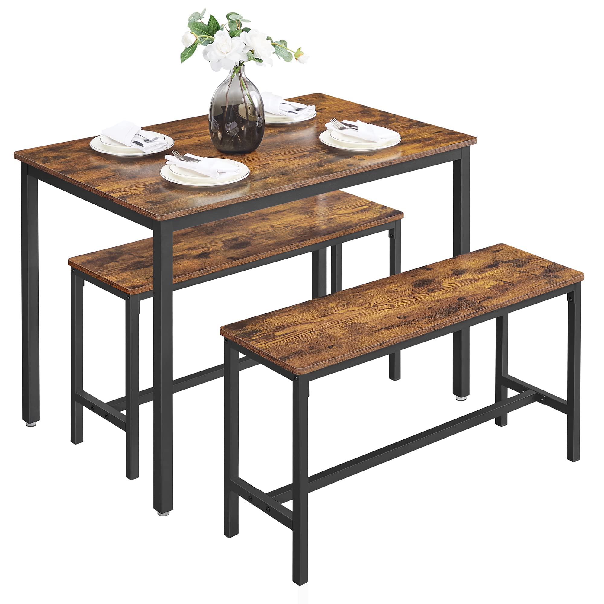VASAGLE 3 Piece Dining Table Set with 2 Benches | Industrial Design | Rustic Brown & Black | KDT070B01