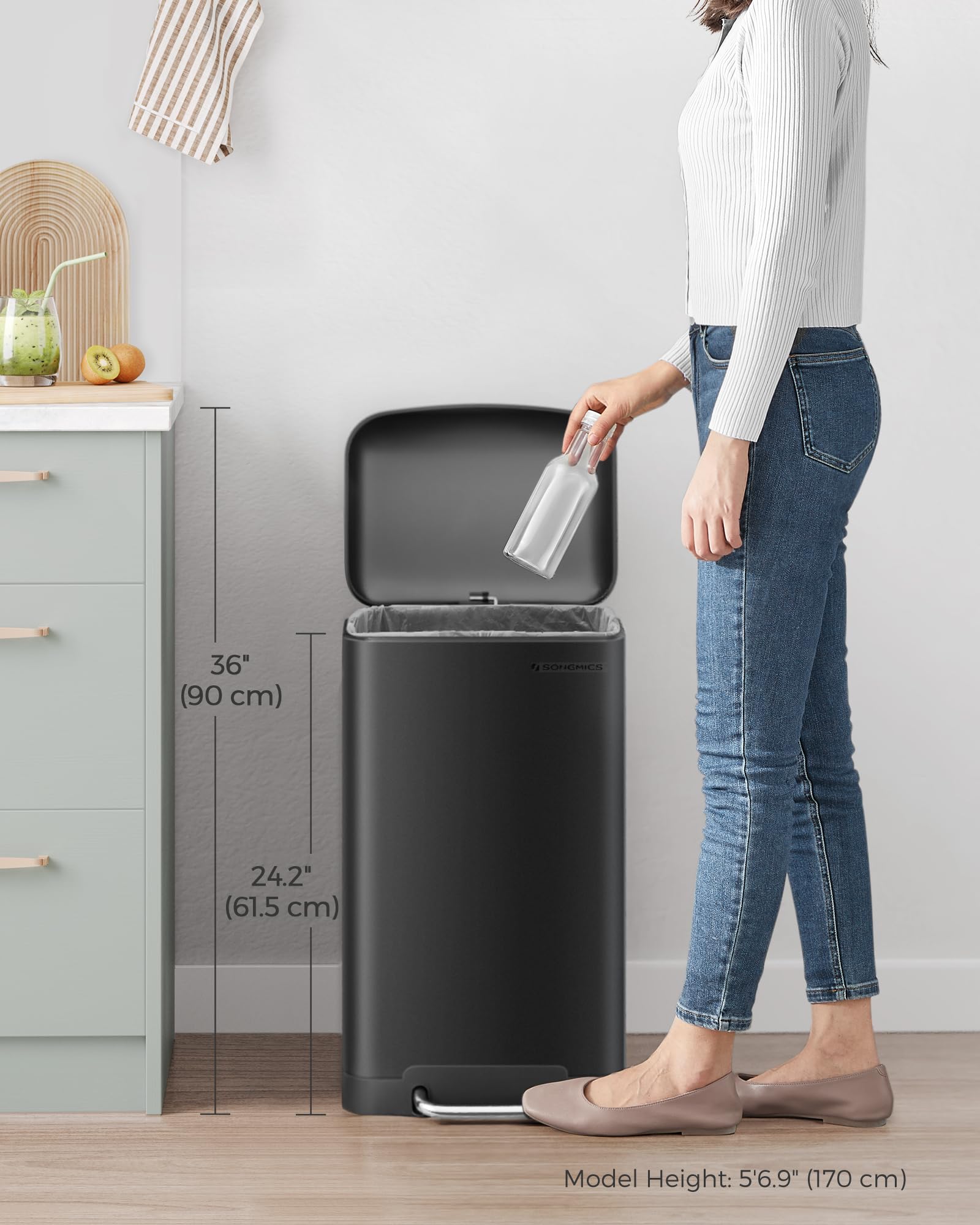 SONGMICS Kitchen Bin - 8 Gallon (30L) Steel Pedal Bin with Soft Close Lid | Black LTB01BK 7