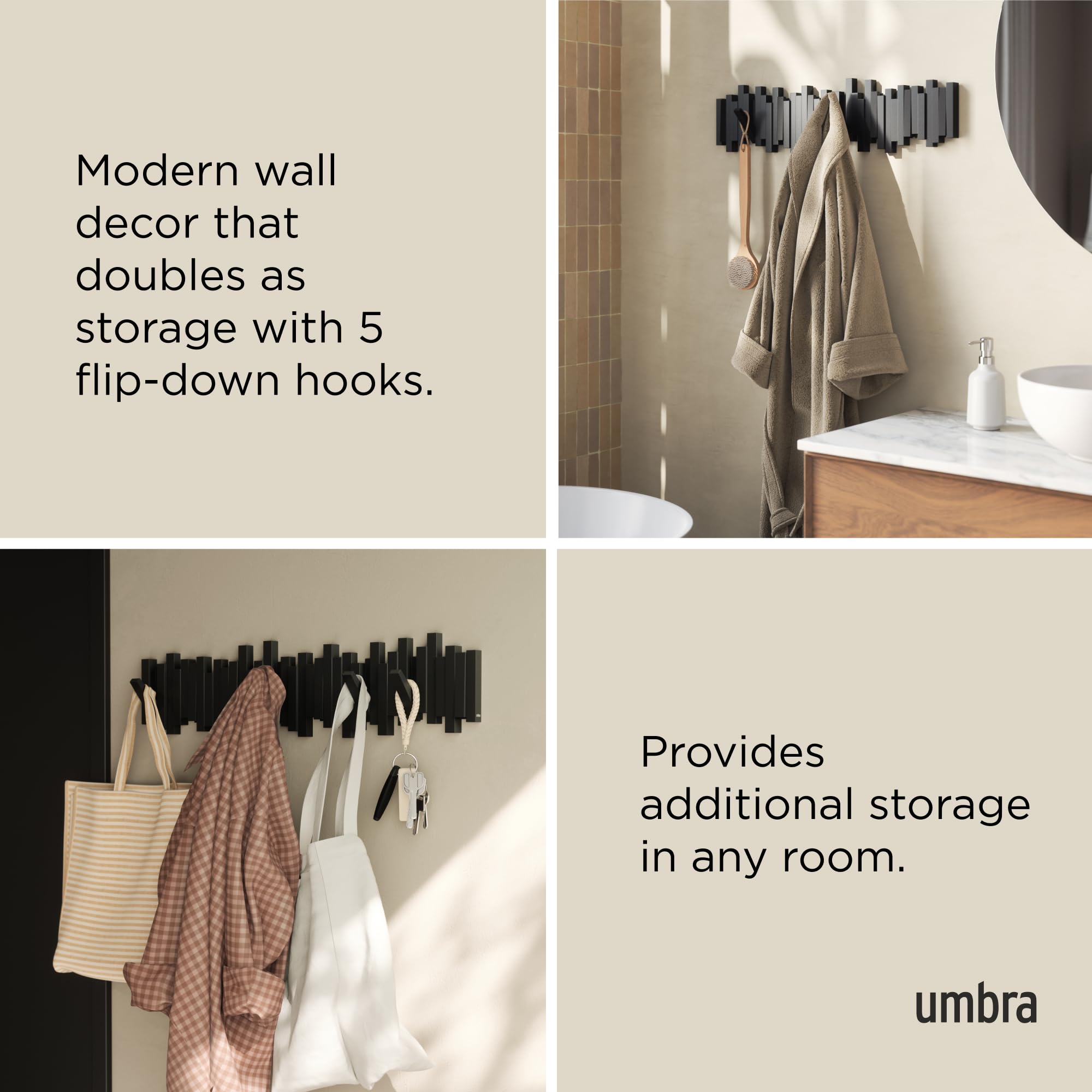 Umbra Sticks Wall-Mounted Coat Rack Rail Hook - 8 Retractable Pegs | Black | Polystyrene 4