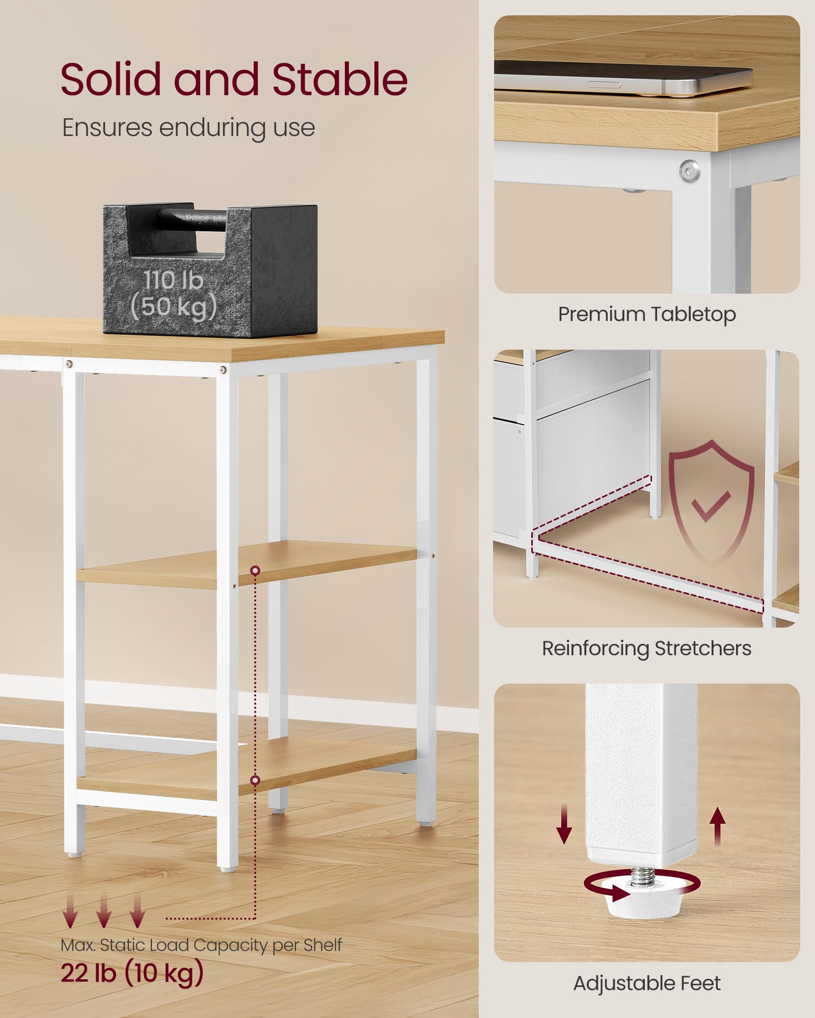 VASAGLE Computer Desk with 3 Shelves & 2 Drawers | 140 x 60 cm | Natural Oak + Pearl White 6