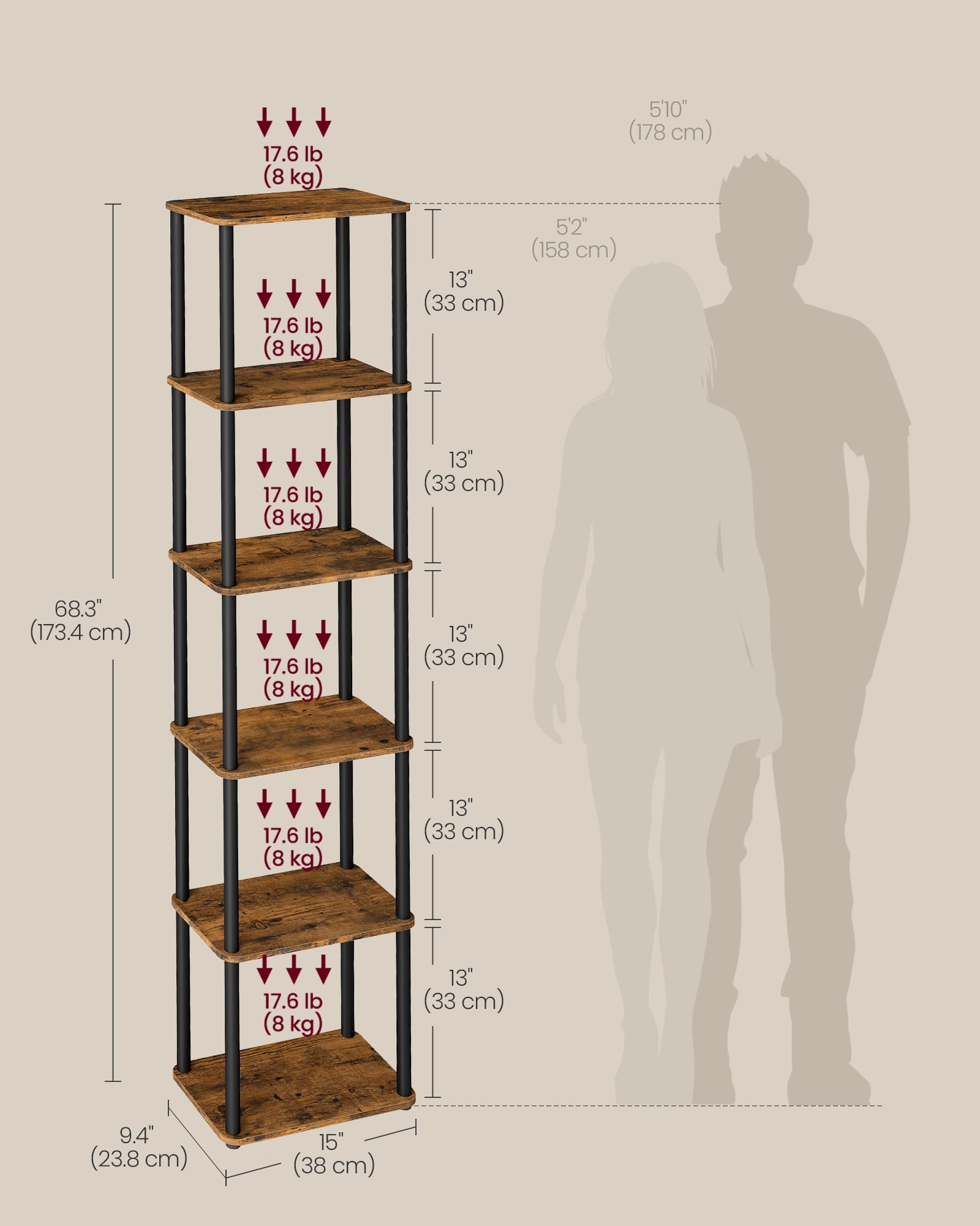 VASAGLE 6-Tier Standing Shelf Unit - Toolless Assembly | 6 kg/Tier Capacity | Rustic Brown 3