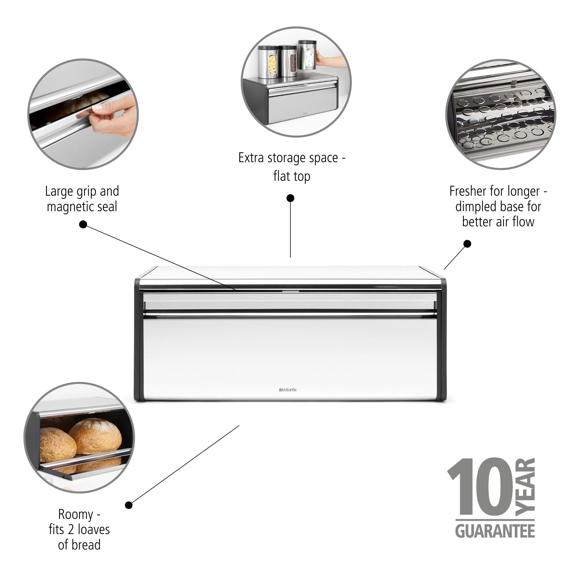 Brabantia Fall Front Bread Bin - Large Countertop Storage for 2 Loaves | Brilliant Steel 3