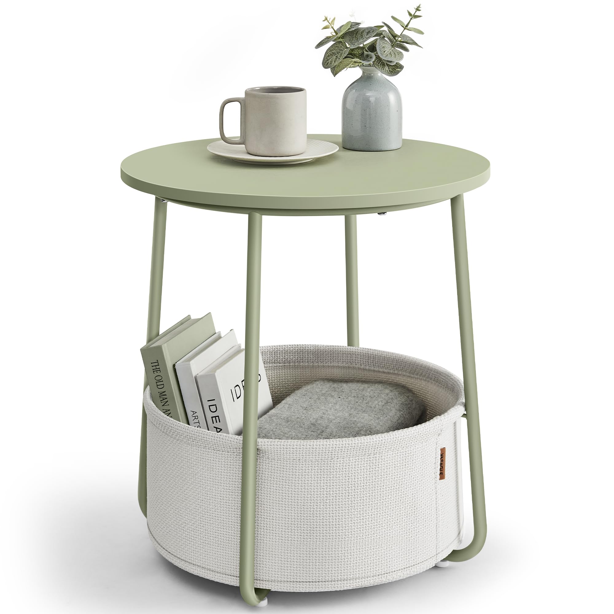 VASAGLE Round End Table with Fabric Basket | 45 x 50 cm | Laurel Green & Cream White 1