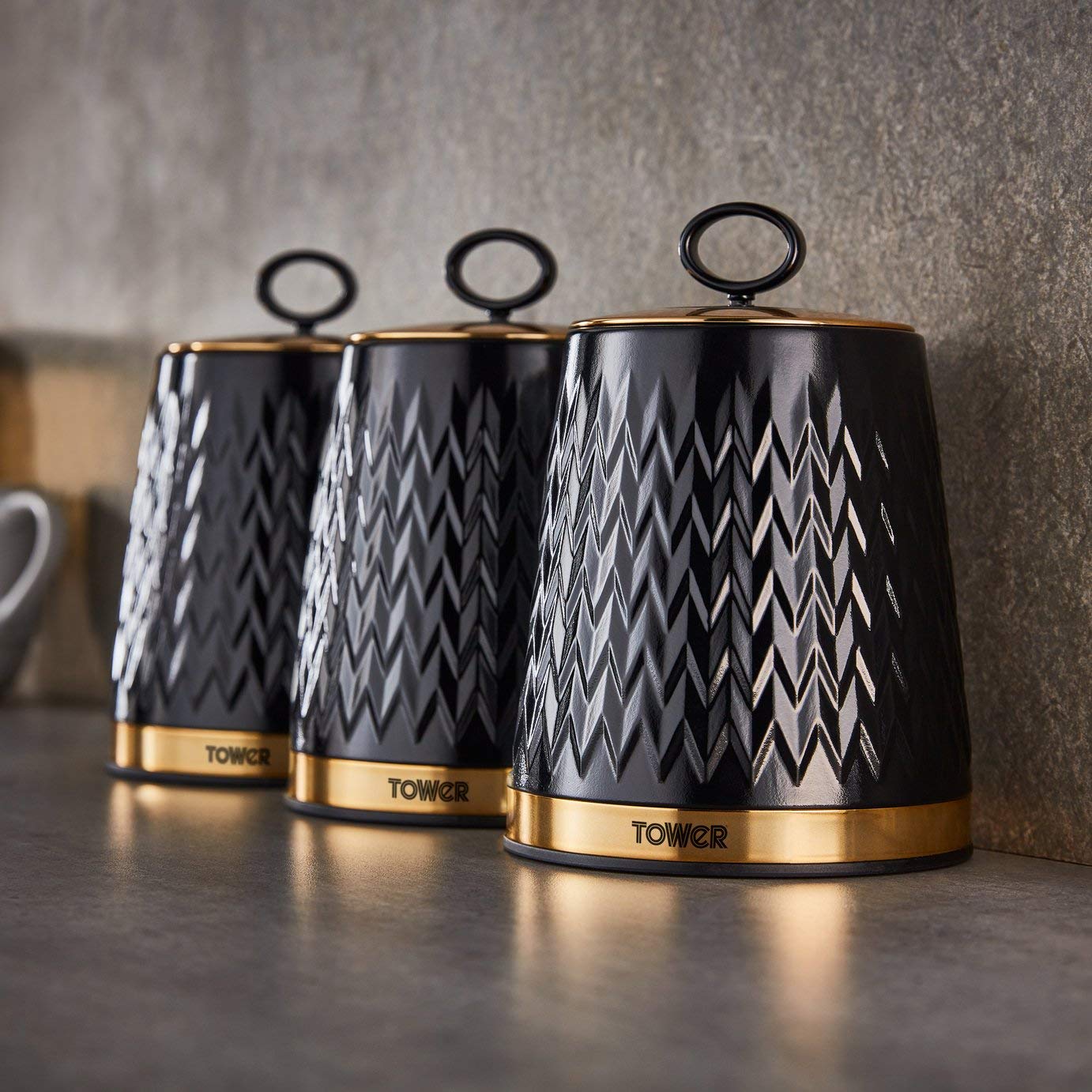 Tower Empire Set of 3 Storage Canisters for Tea Coffee Sugar | 1.3L Capacity | Black and Brass 5