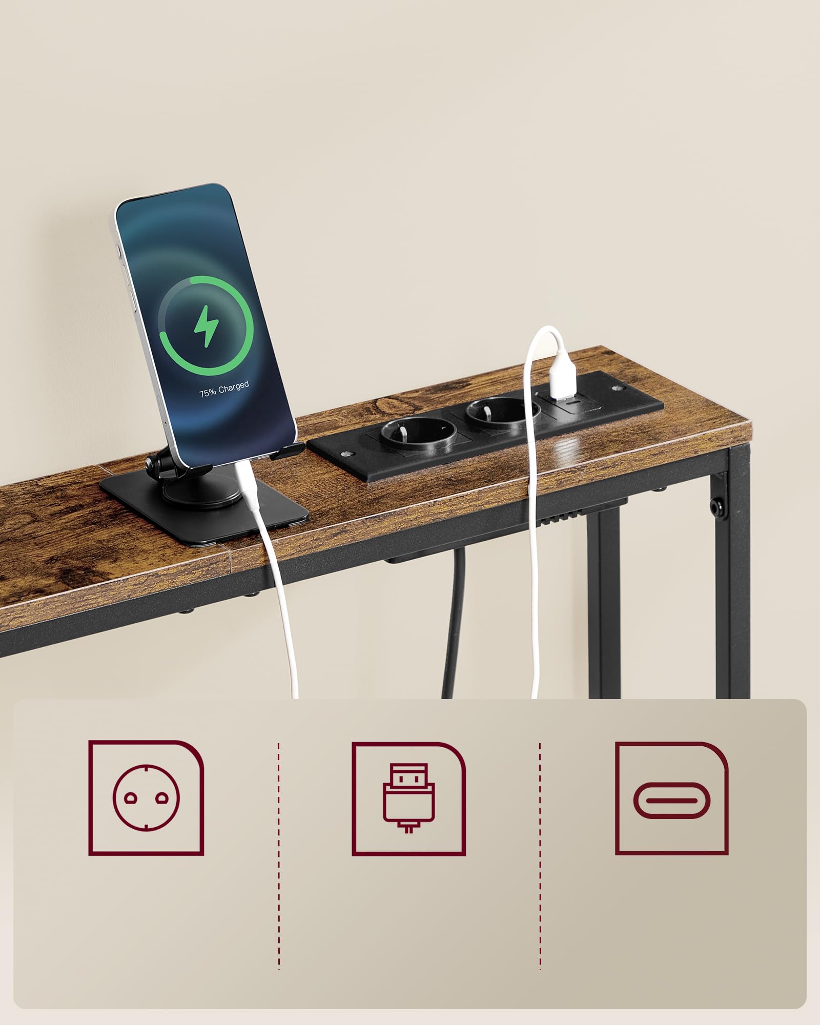 VASAGLE Set of 2 Slim Console Tables with Built-in Charging Station | Rustic Brown & Ink Black | 15 x 100 x 80 cm 4