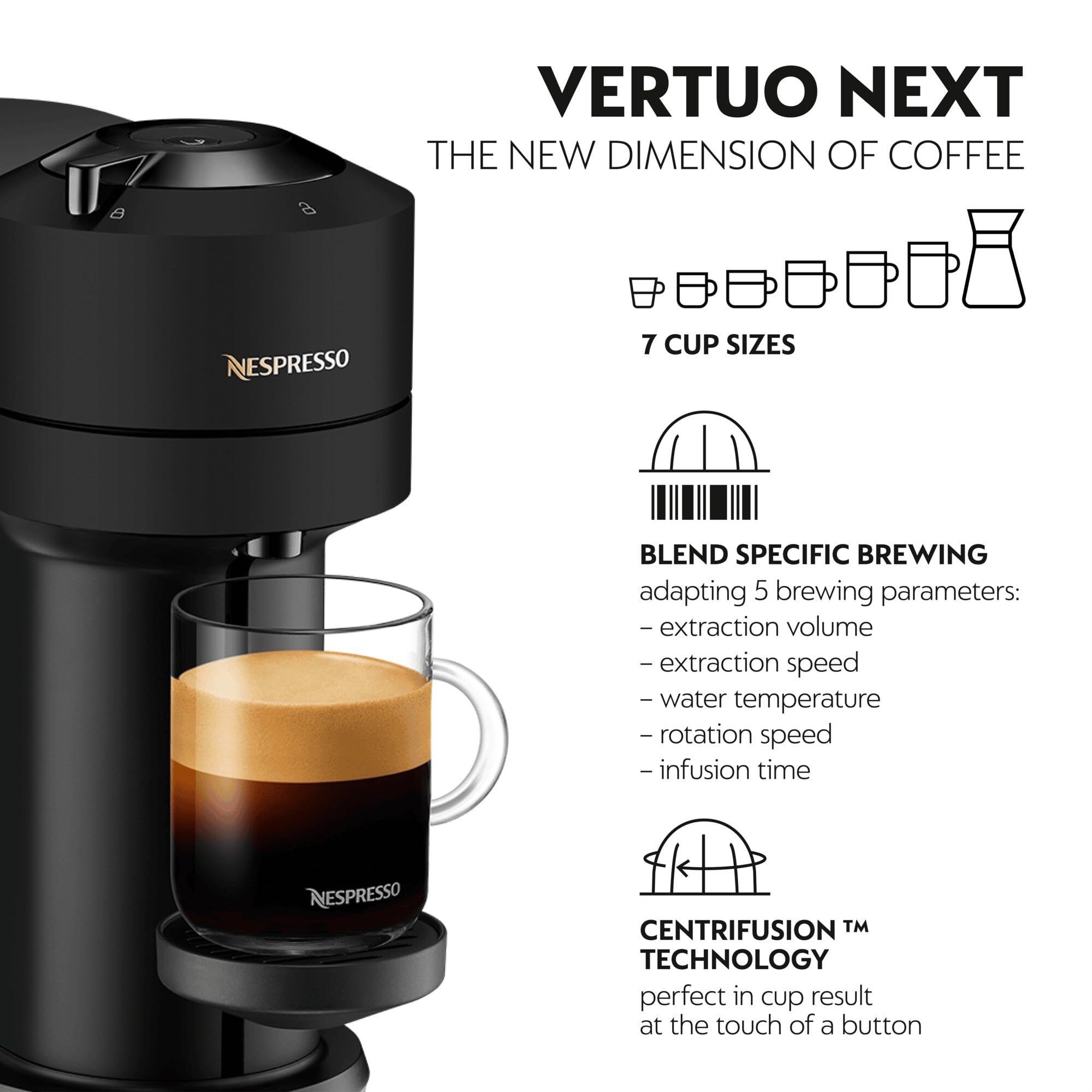 Nespresso Vertuo Next Coffee Machine by De'Longhi with Aeroccino Milk Frother | 5 Sizes | Wi-Fi/Bluetooth 4