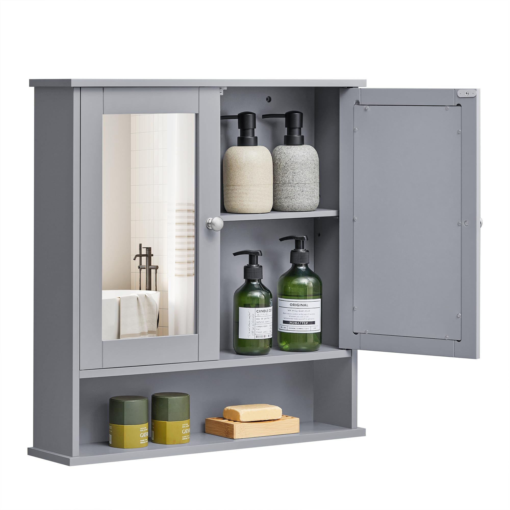 VASAGLE Bathroom Mirror Cabinet with 2 Mirrored Doors | Dove Grey | 13D x 56.5W x 58.5H cm 1