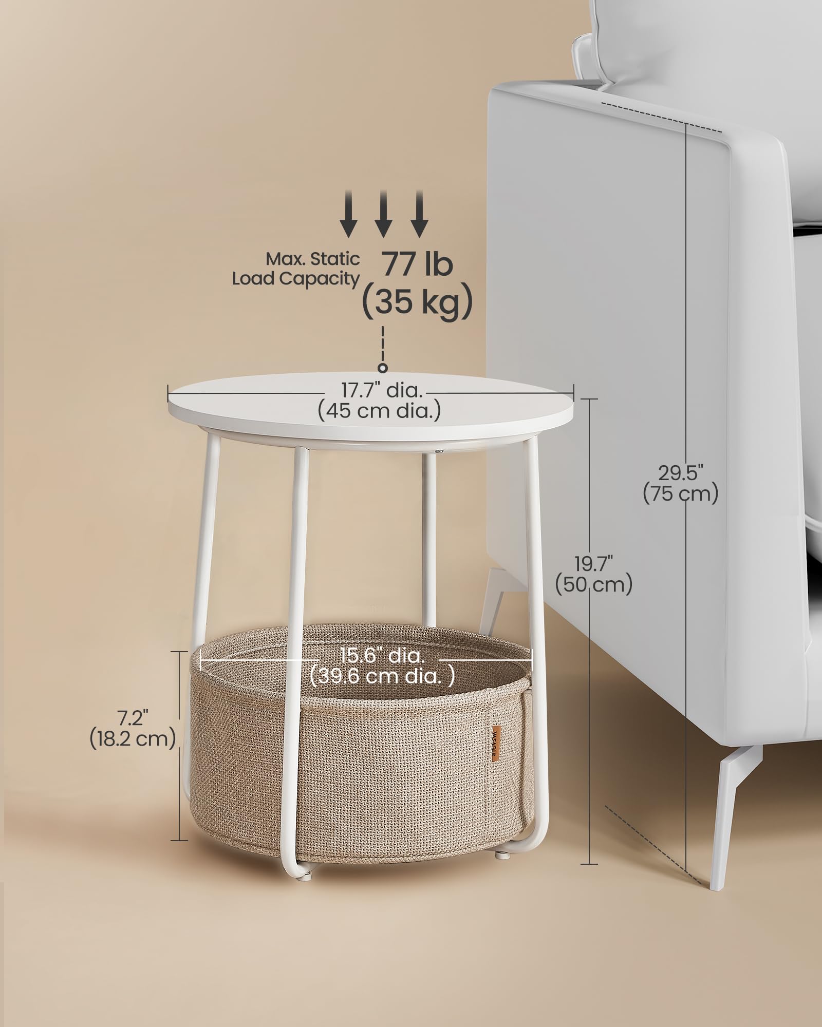 VASAGLE Round End Table - 45 cm Dia. Side Table with Beige Fabric Basket | Matte White Steel Frame 3