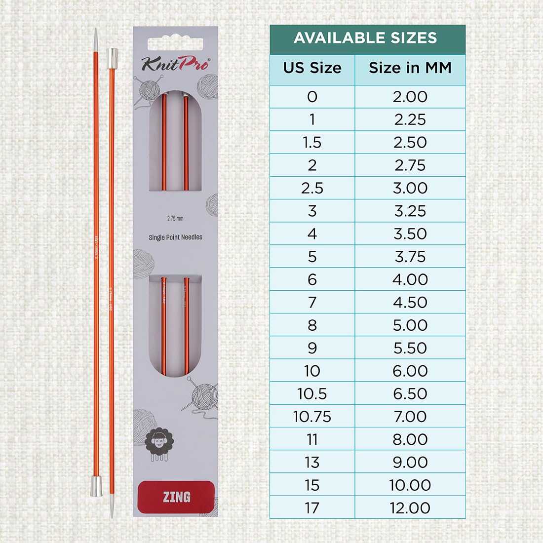 KnitPro Zing Single Pointed Knitting Needles - 2.75mm Size | 25cm Length | Lightweight Aluminium 4