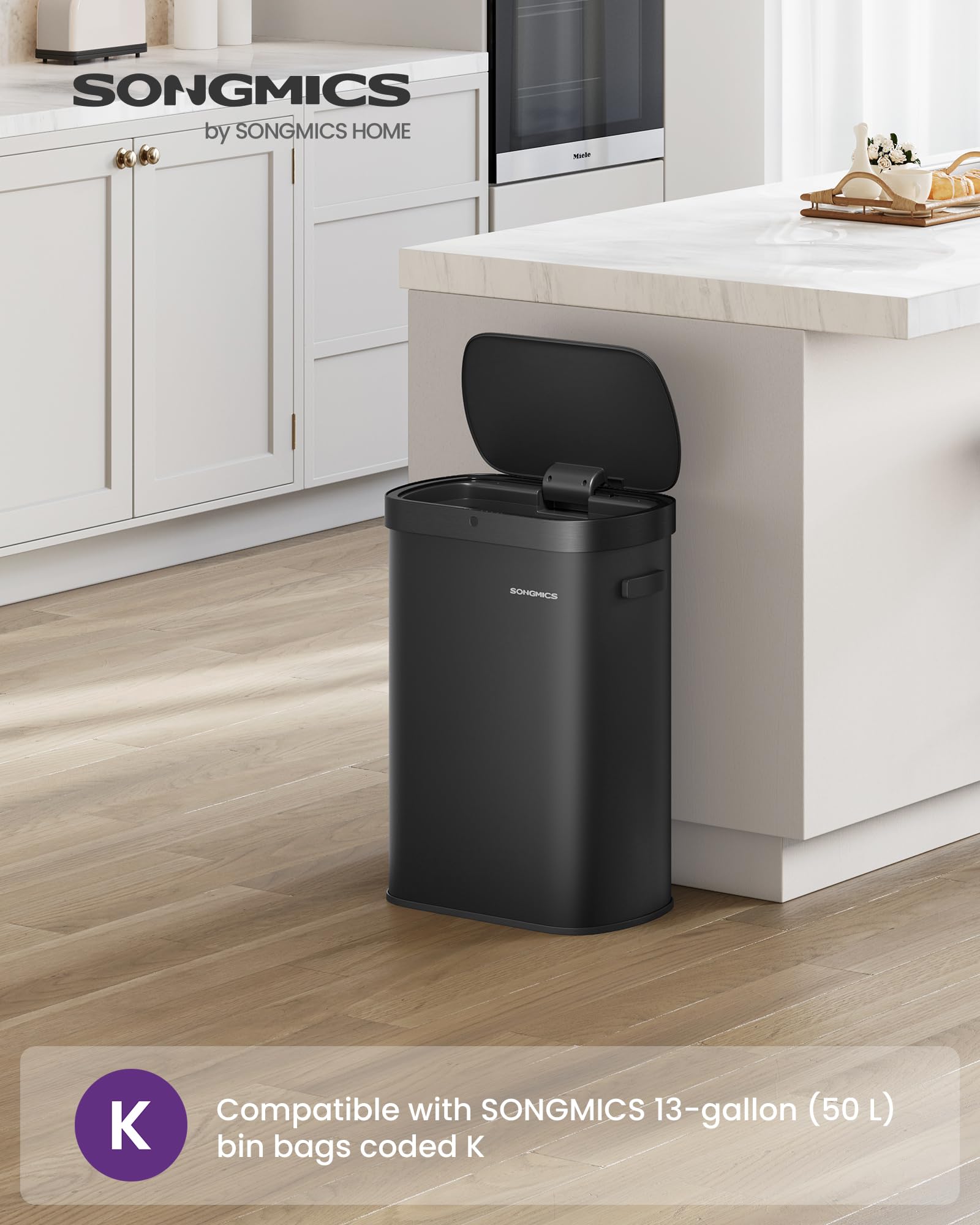 SONGMICS Automatic Kitchen Bin - 50 L Capacity | Motion Sensor | Ink Black Steel 3