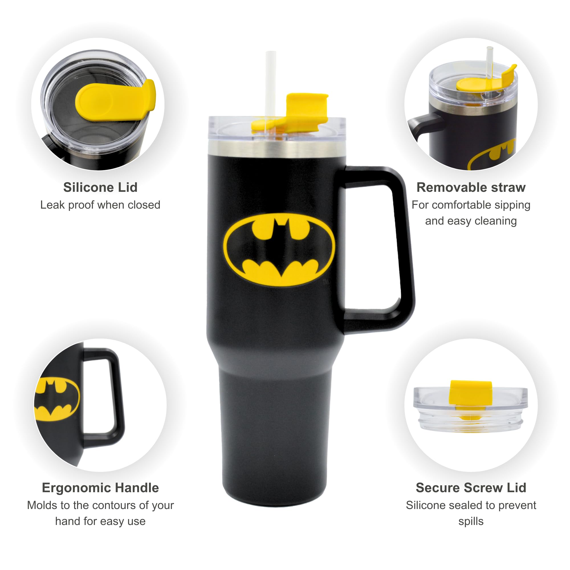 HOX Batman 1200ml Insulated Stainless Steel Tumbler with Handle and Straw | Cold 17Hrs/Hot 5Hrs 8