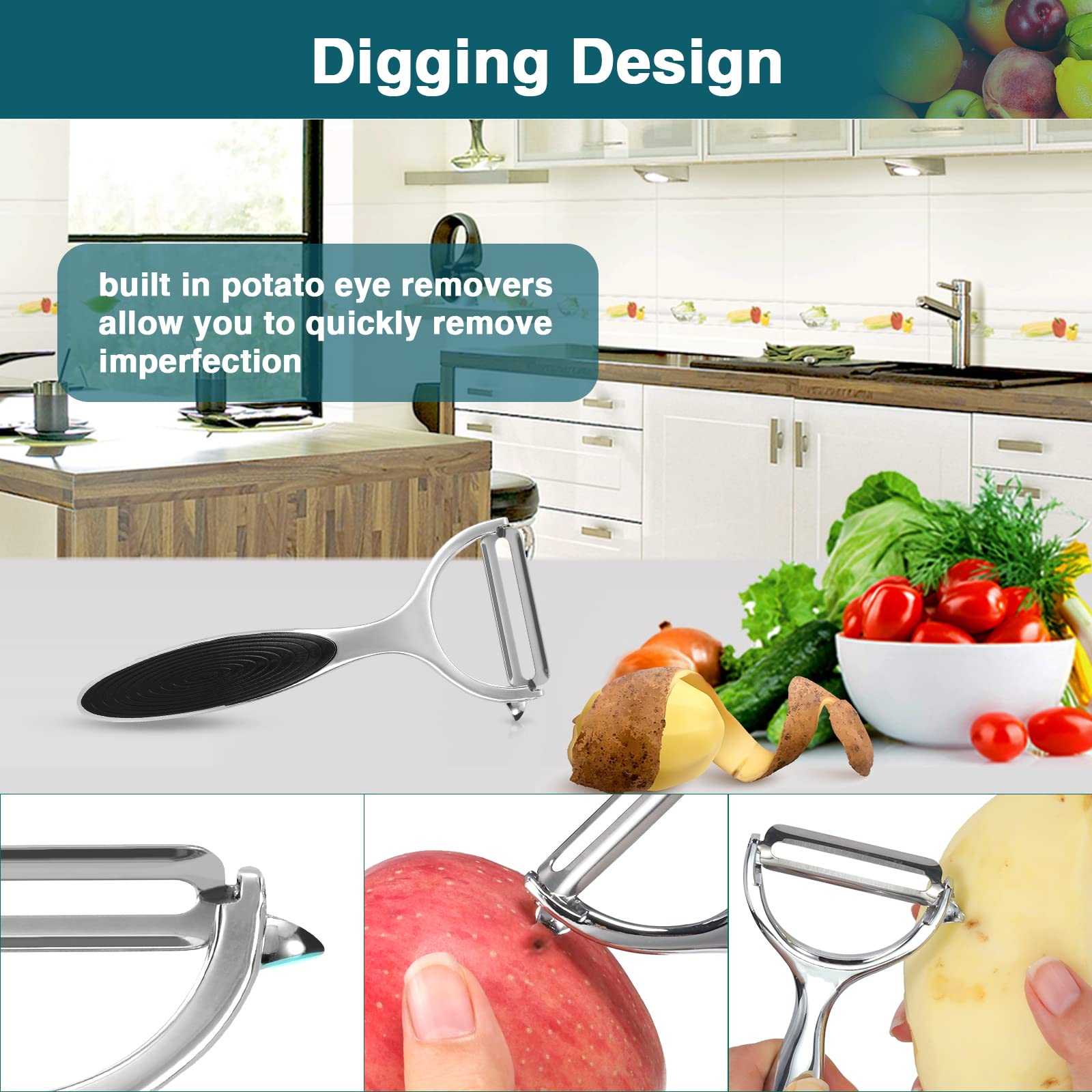 Allinone-Kitchen Stainless Steel Y Peeler - Ultra-Sharp Rotating Blade | Non-Slip Grip | Dig Tool 3