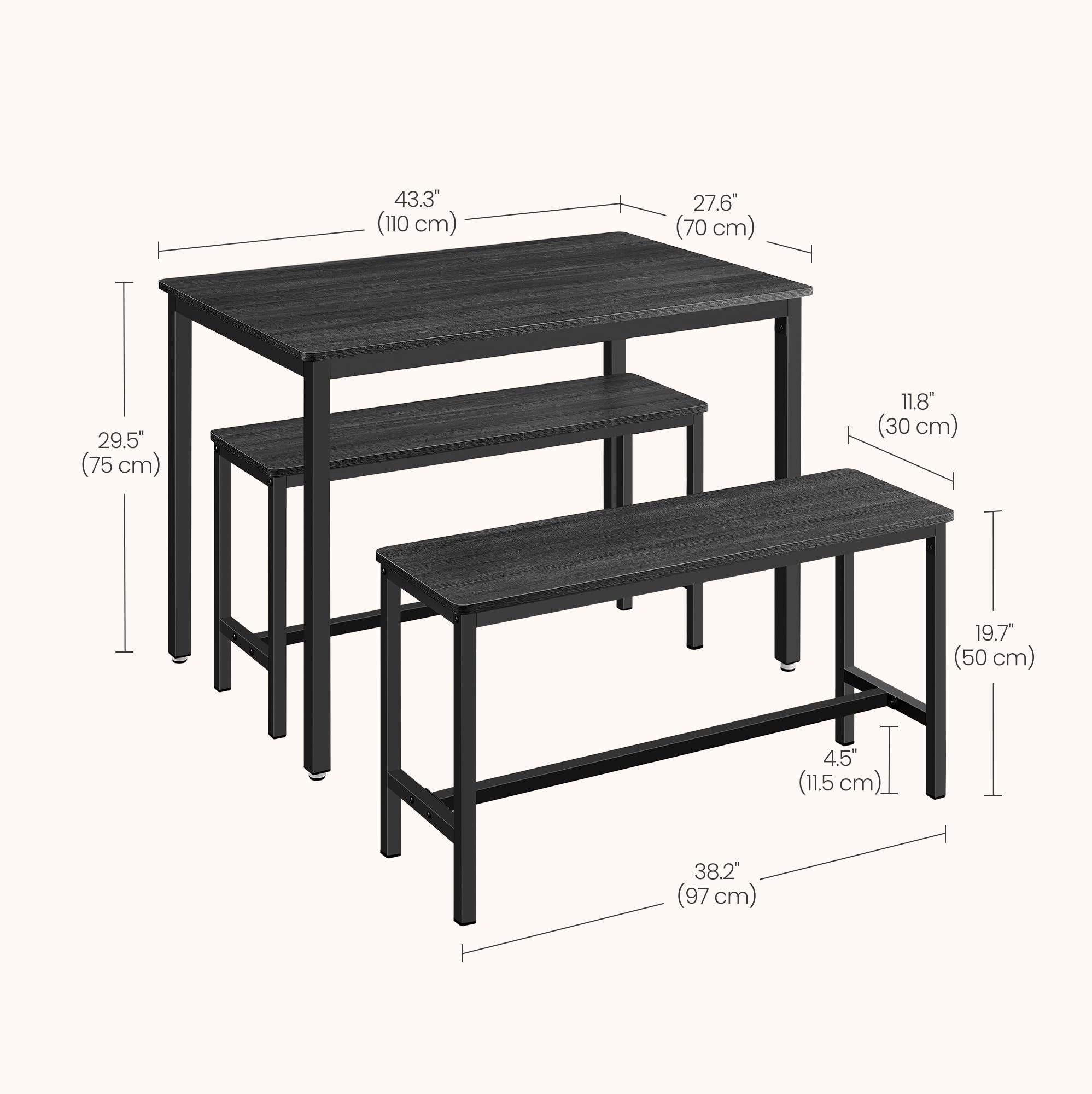VASAGLE 3 Piece Dining Table Set with 2 Benches | Industrial Design | Seats 4 | Charcoal Grey & Ink Black 5