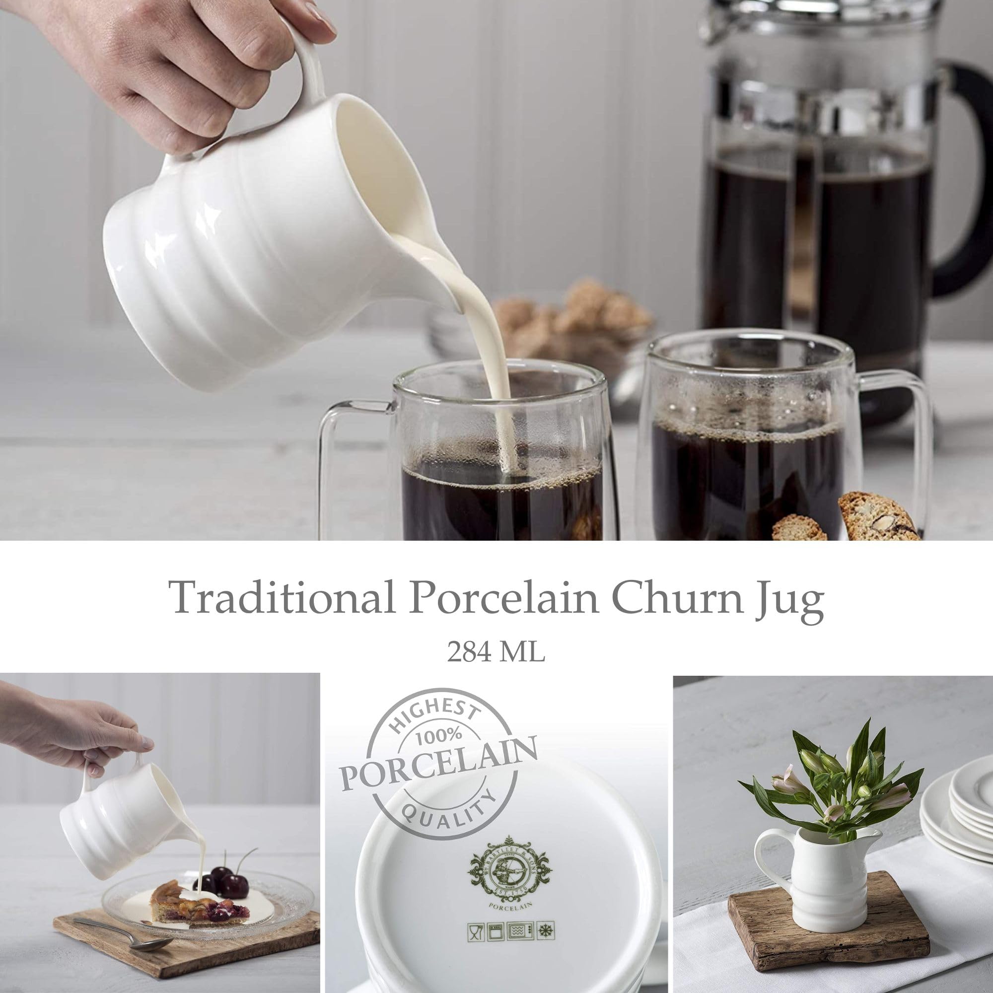 WM Bartleet & Sons 1750 Traditional Churn Jug - 284ml Porcelain Cream & Milk Pitcher | Dishwasher Safe 2