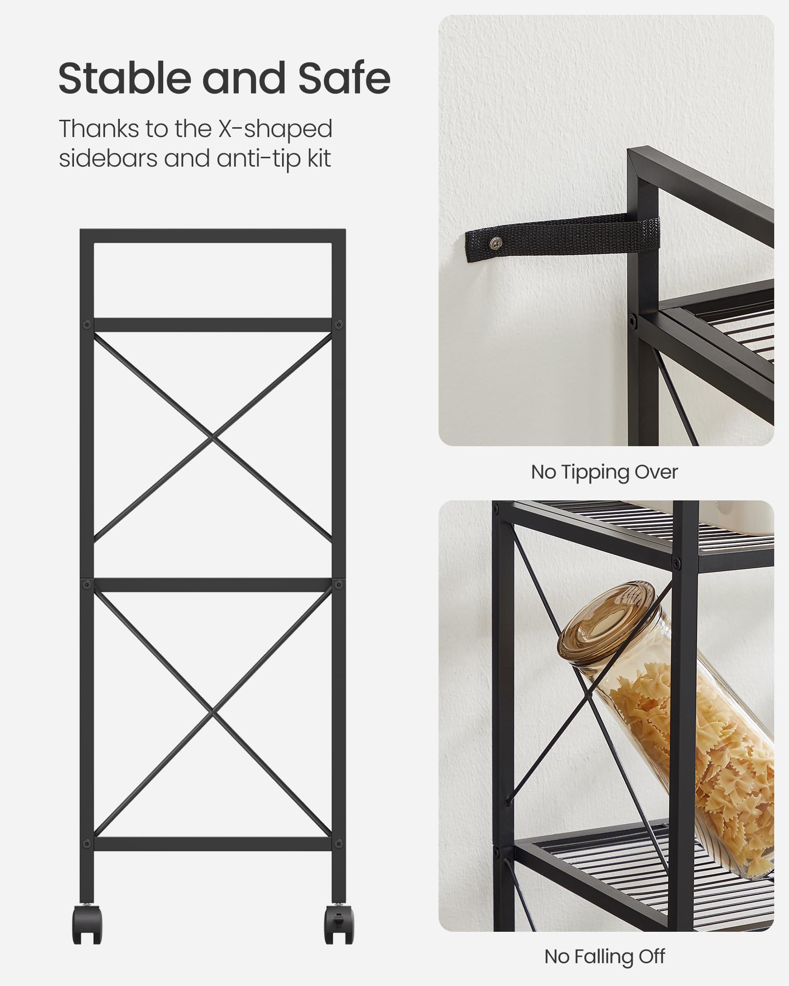 SONGMICS 3-Tier Metal Shelving Unit on Wheels - Ink Black | Heavy Duty Support | Adjustable Feet 5
