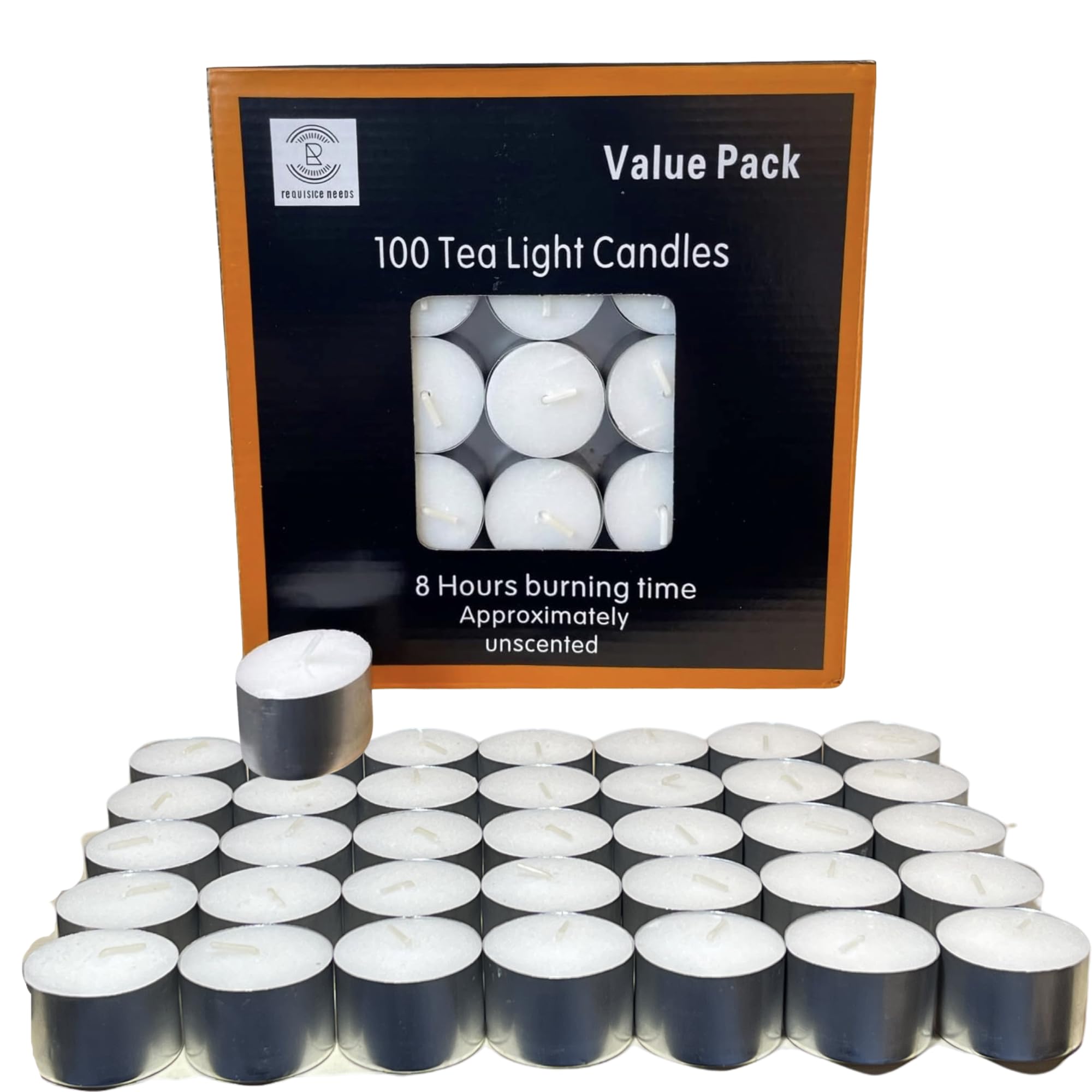 REQUISITE NEEDS Unscented Tea Light Candles - 100 Pack, 8 Hour Burn Time | Cotton Wicks