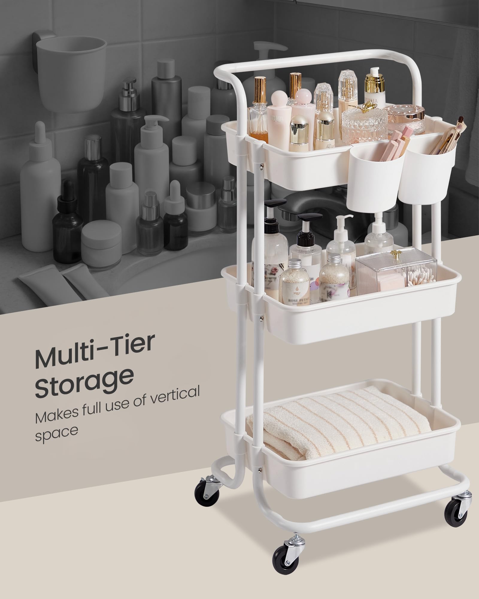 SONGMICS 3-Tier Rolling Storage Cart with Handle | Plastic Alloy Steel | White 3