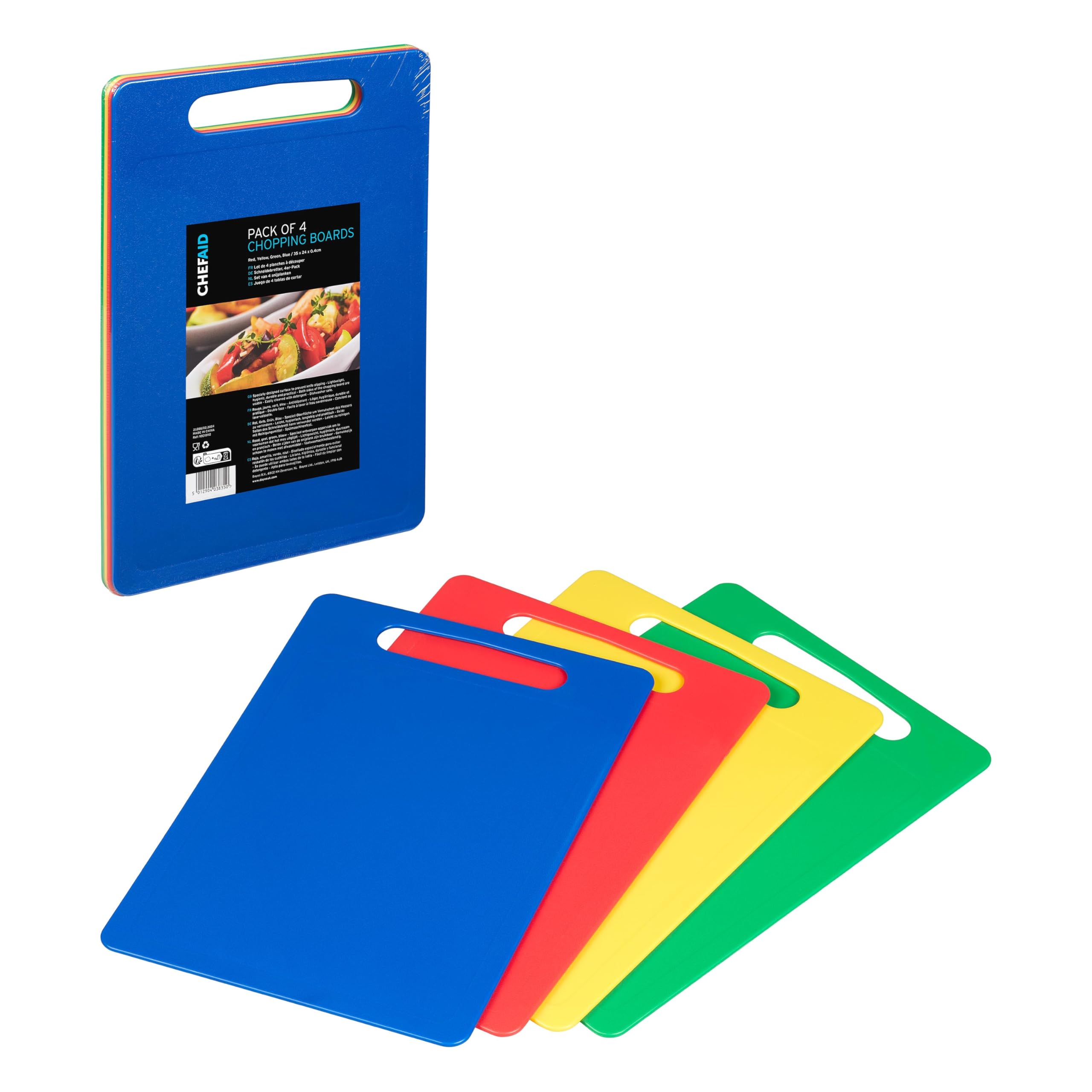 Chef Aid Multi-Colour Chopping Board Set - 4 Pack, 35cm x 25cm, Food Grade Plastic, Non-Slip 7
