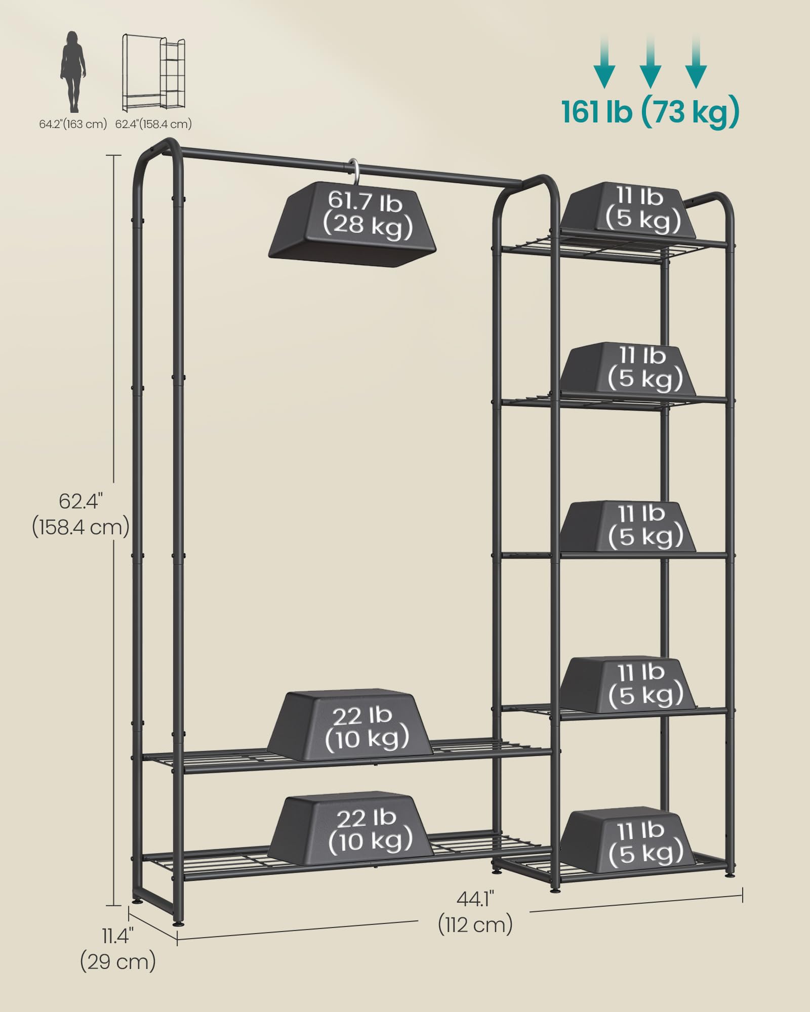 SONGMICS Open Wardrobe Clothes Rack - 112W cm, Ink Black | Alloy Steel | Freestanding 6