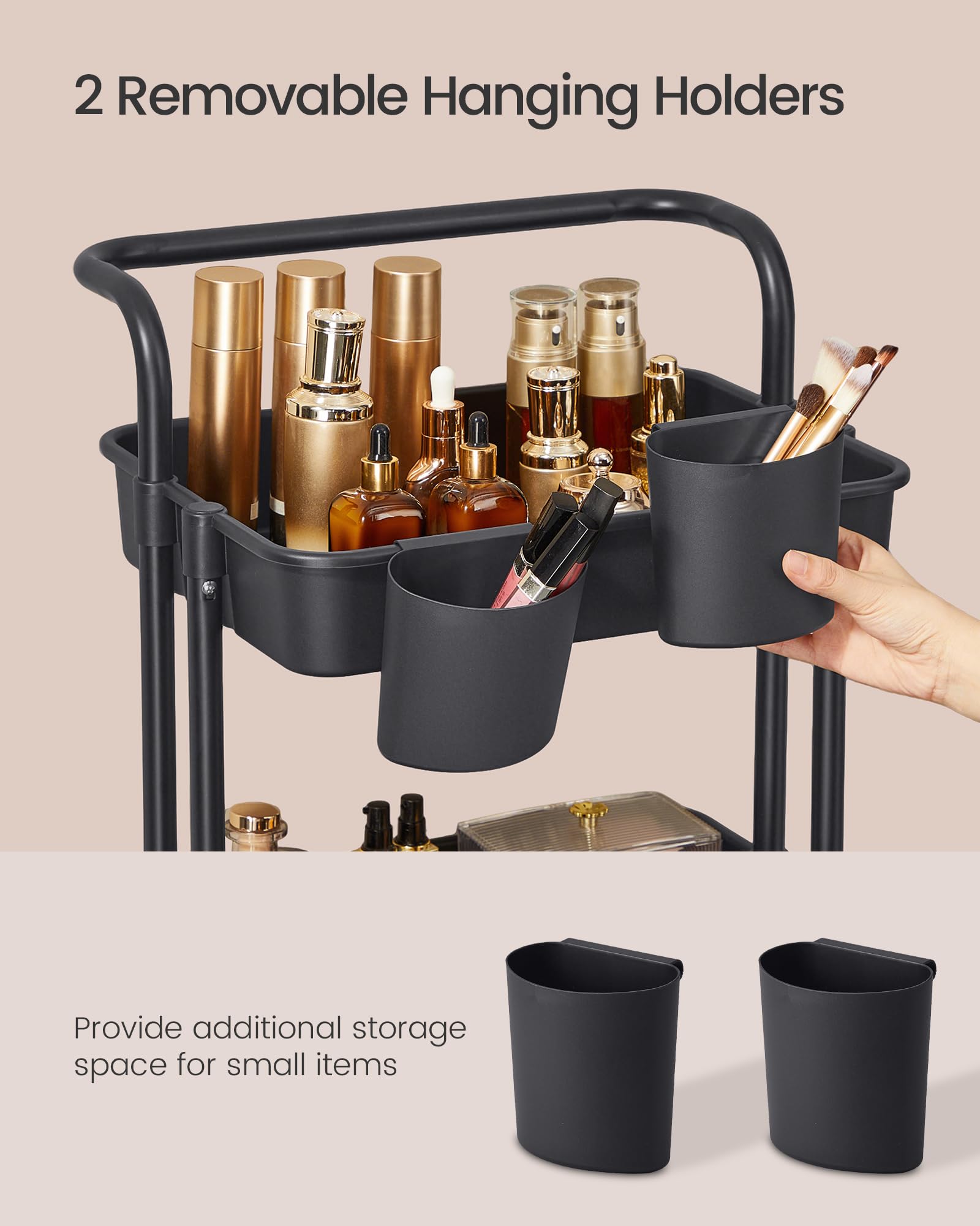 SONGMICS Rolling Cart - 3-Tier Storage with Handle | 2 Organizers | Black/White 5