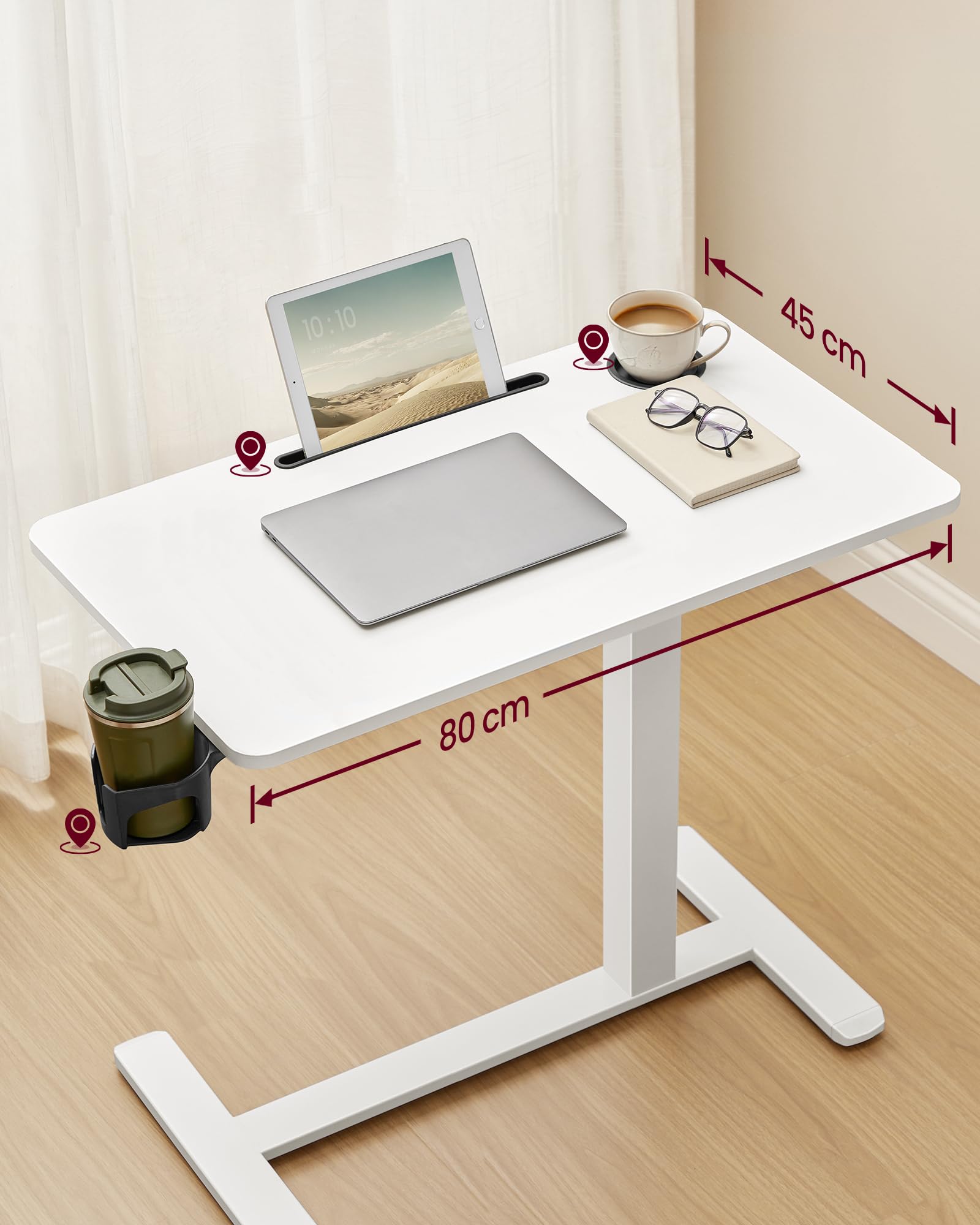 VASAGLE Overbed Table with Wheels - Adjustable Height 65-102 cm | 80 x 45 cm Top | White Engineered Wood
