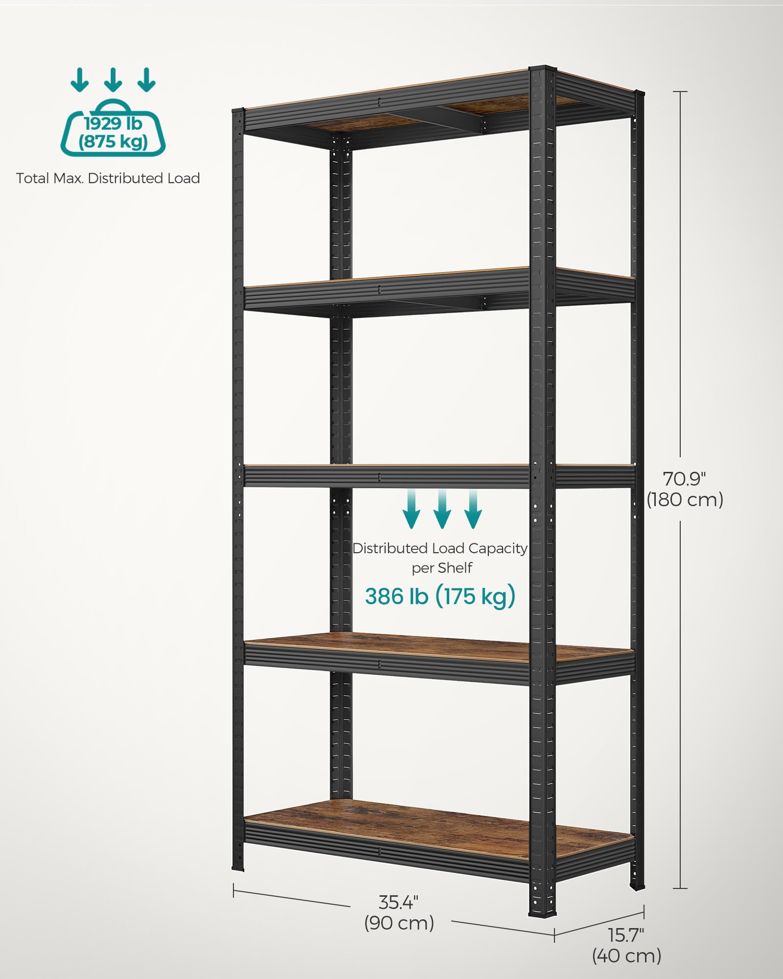 SONGMICS Set of 2 Shelving Units - 875 kg Total Capacity | Rustic Brown/Black | 40D x 90W x 180H cm 3