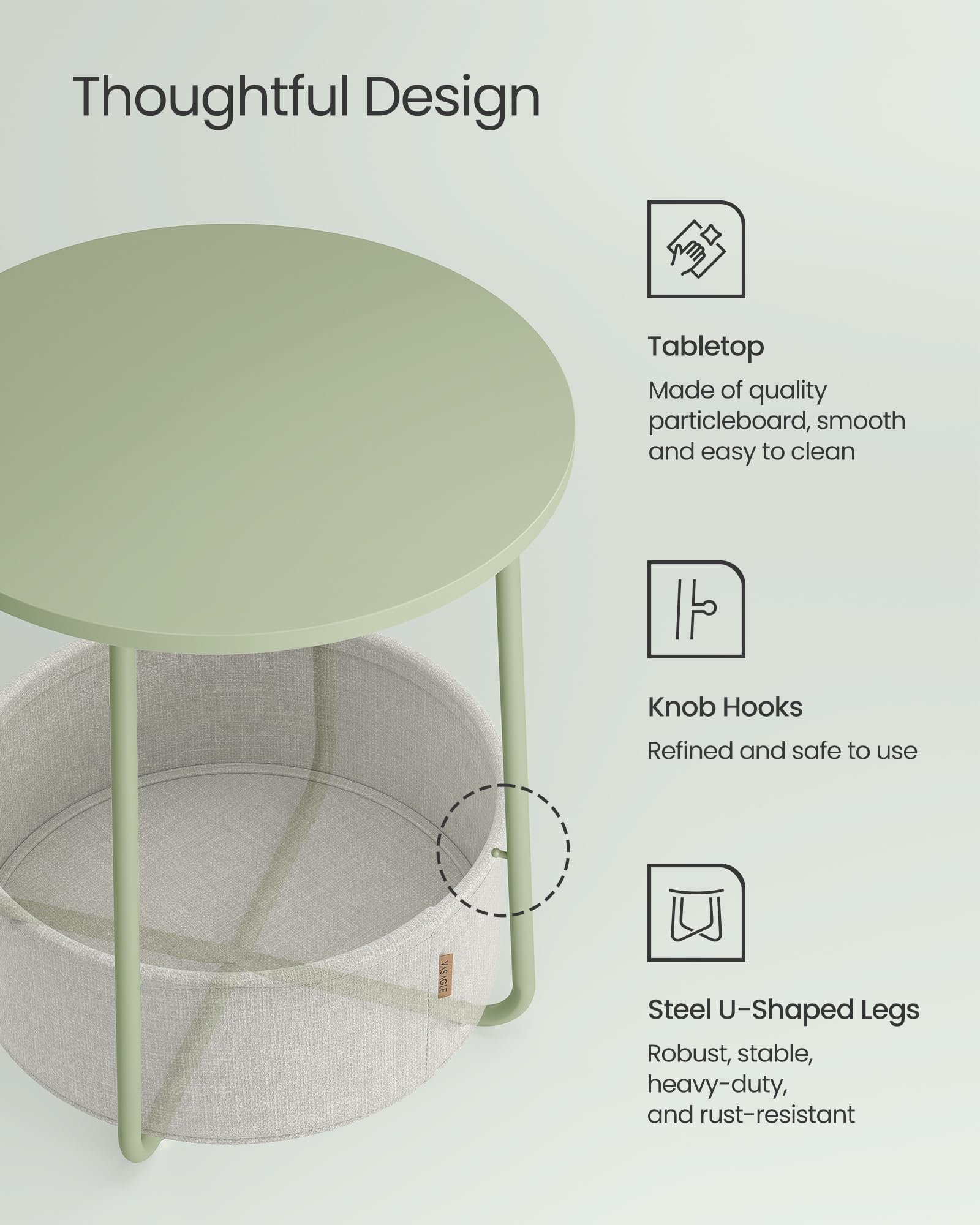 VASAGLE Round End Table with Fabric Basket | 45 x 50 cm | Laurel Green & Cream White 5