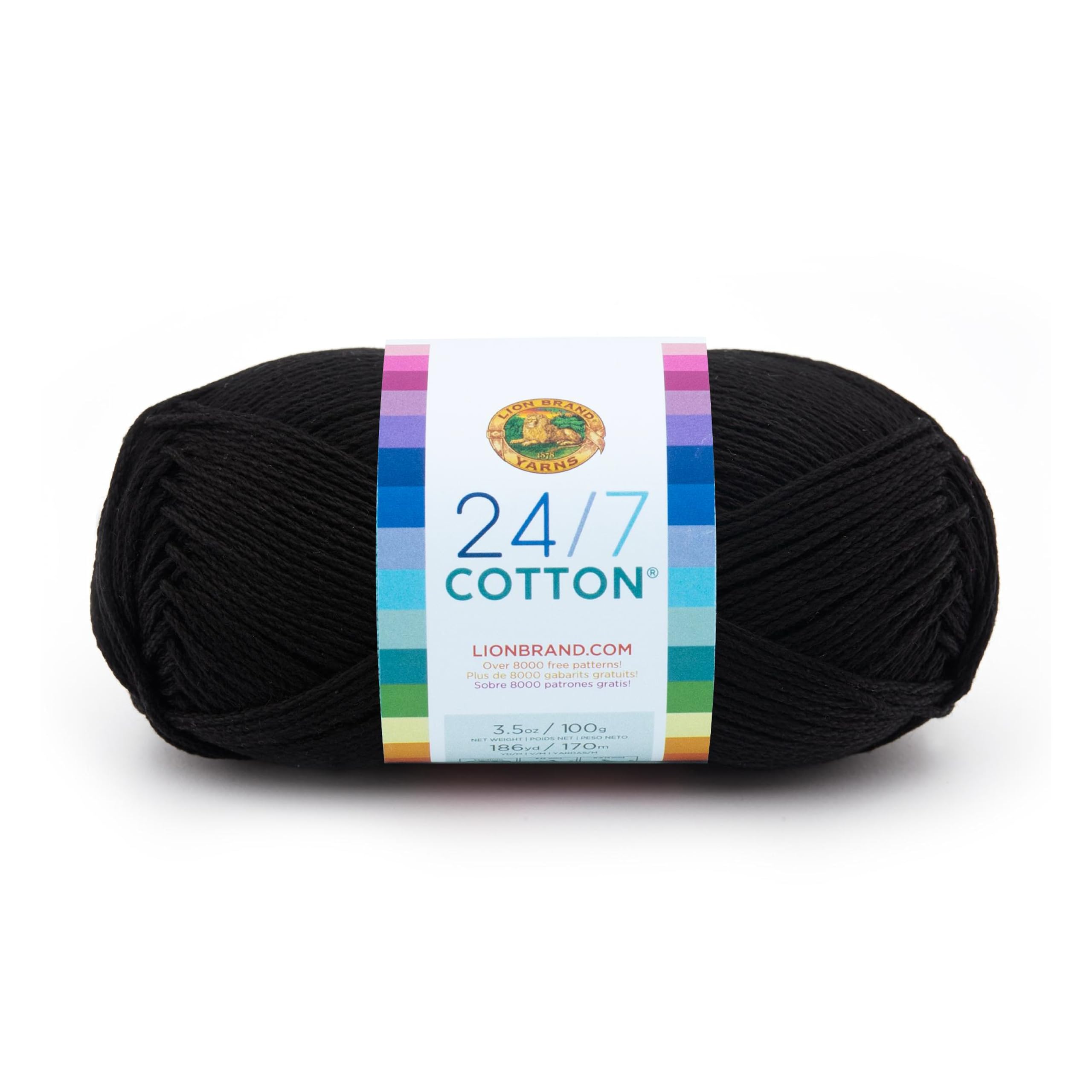 Lion Brand Yarn 24/7 Cotton Worsted Weight Mercerized 100% Cotton Yarn - Black, 1 Pack 1