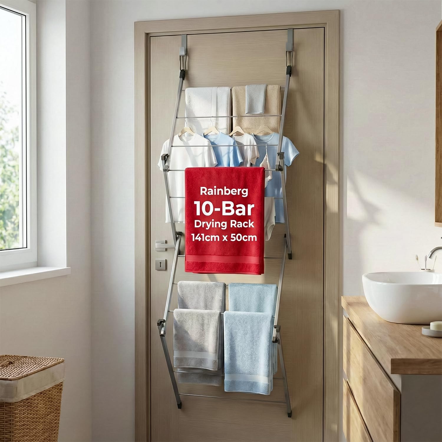 Rainberg Over The Door Clothes Airer - Foldable 10-Bar Drying Rack | H141cm | 4kg Capacity 1