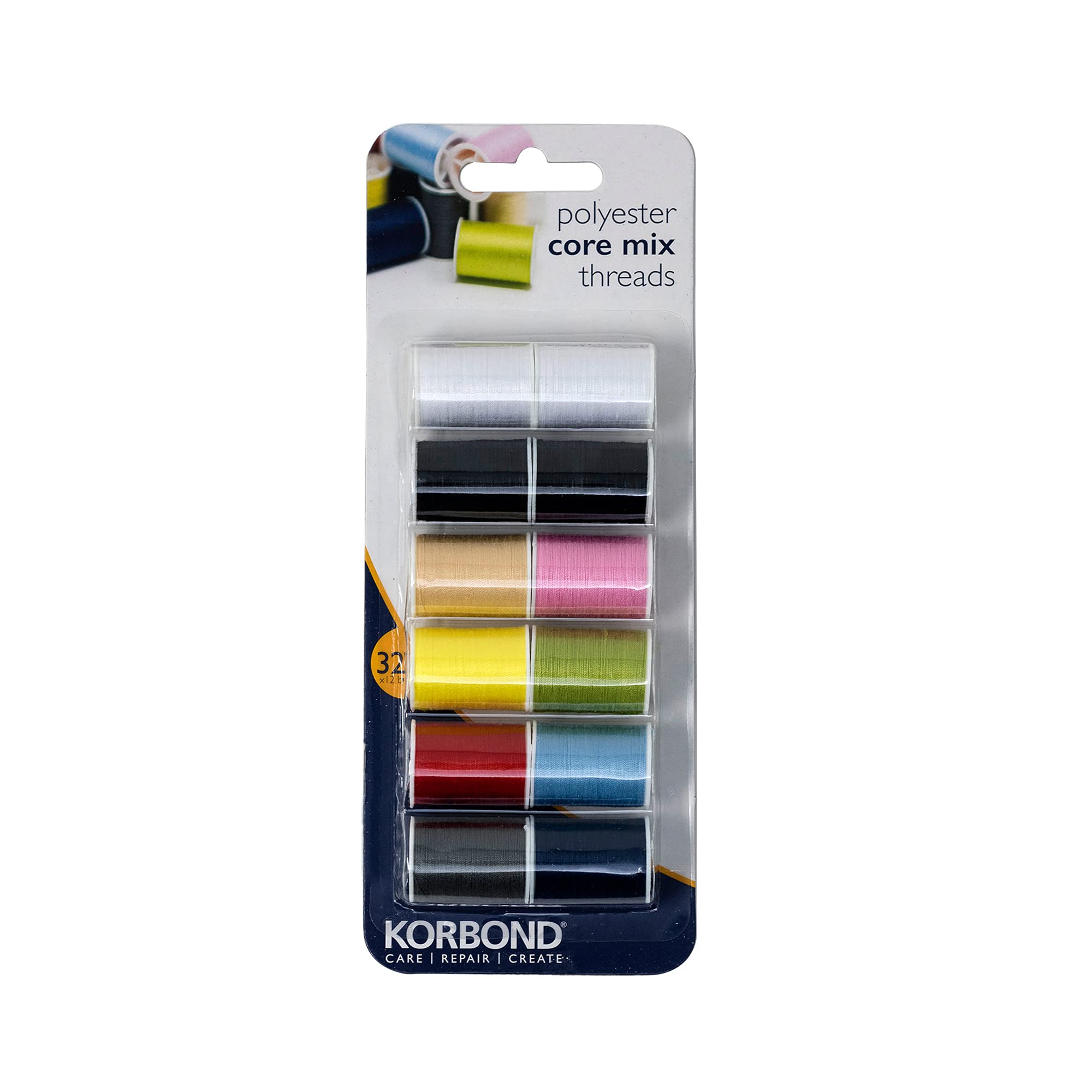 KORBOND CORE Mix Polyester Thread Selection - 12 Spools | 10 Colours | 384m Total | Hand & Machine Sewing